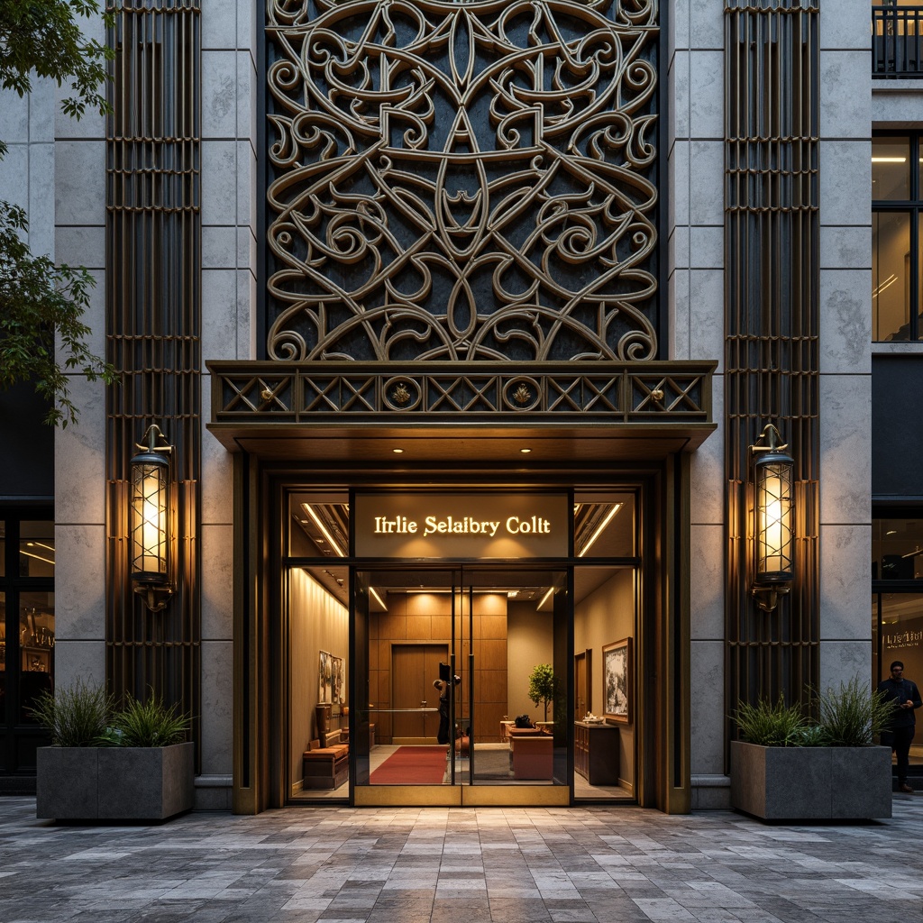 Prompt: Geometric Art Deco office building, ornate metalwork, zigzag patterns, chevron motifs, luxurious materials, polished marble floors, metallic accents, symmetrical facade, stepped silhouette, vertical emphasis, grand entrance, bronze doors, ornate door handles, stylized typography, vintage lighting fixtures, warm golden lighting, shallow depth of field, 1/1 composition, realistic textures, ambient occlusion.