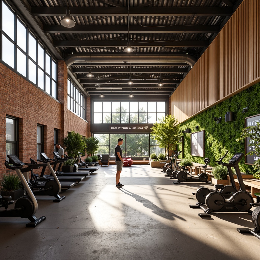 Prompt: Vibrant gym interior, metabolism-inspired design, natural light pouring in, large windows, industrial metal beams, reclaimed wood accents, exposed brick walls, modern fitness equipment, free weights, treadmills, exercise bikes, motivational quotes, greenery walls, living plants, earthy tones, warm color scheme, high ceilings, open spaces, minimal decor, functional layout, softbox lighting, shallow depth of field, 1/1 composition, realistic textures, ambient occlusion.