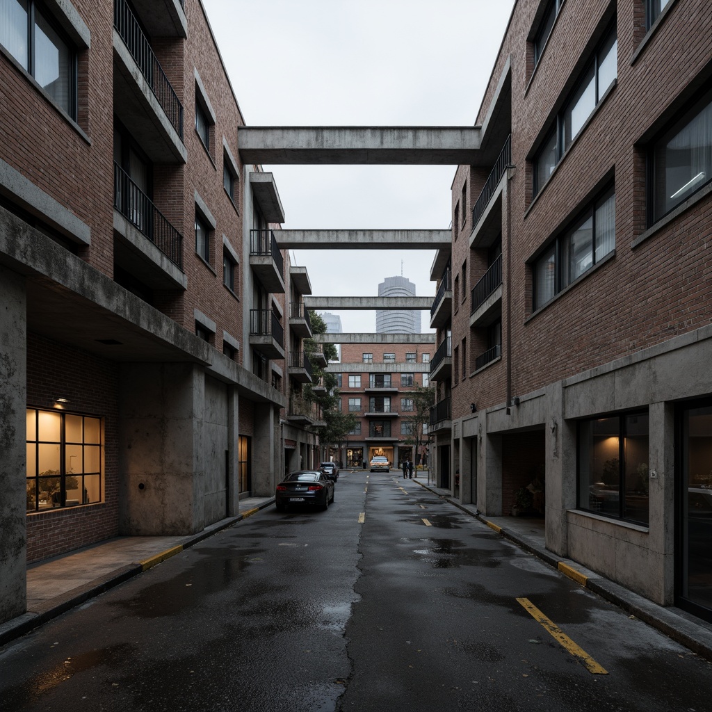 Prompt: Rough concrete walls, exposed ductwork, industrial metal beams, raw brick facades, weathered stone surfaces, distressed wood accents, brutalist monumentality, fortress-like structures, urban cityscape, overcast skies, dramatic shadows, high-contrast lighting, cinematic composition, gritty realistic textures, ambient occlusion.