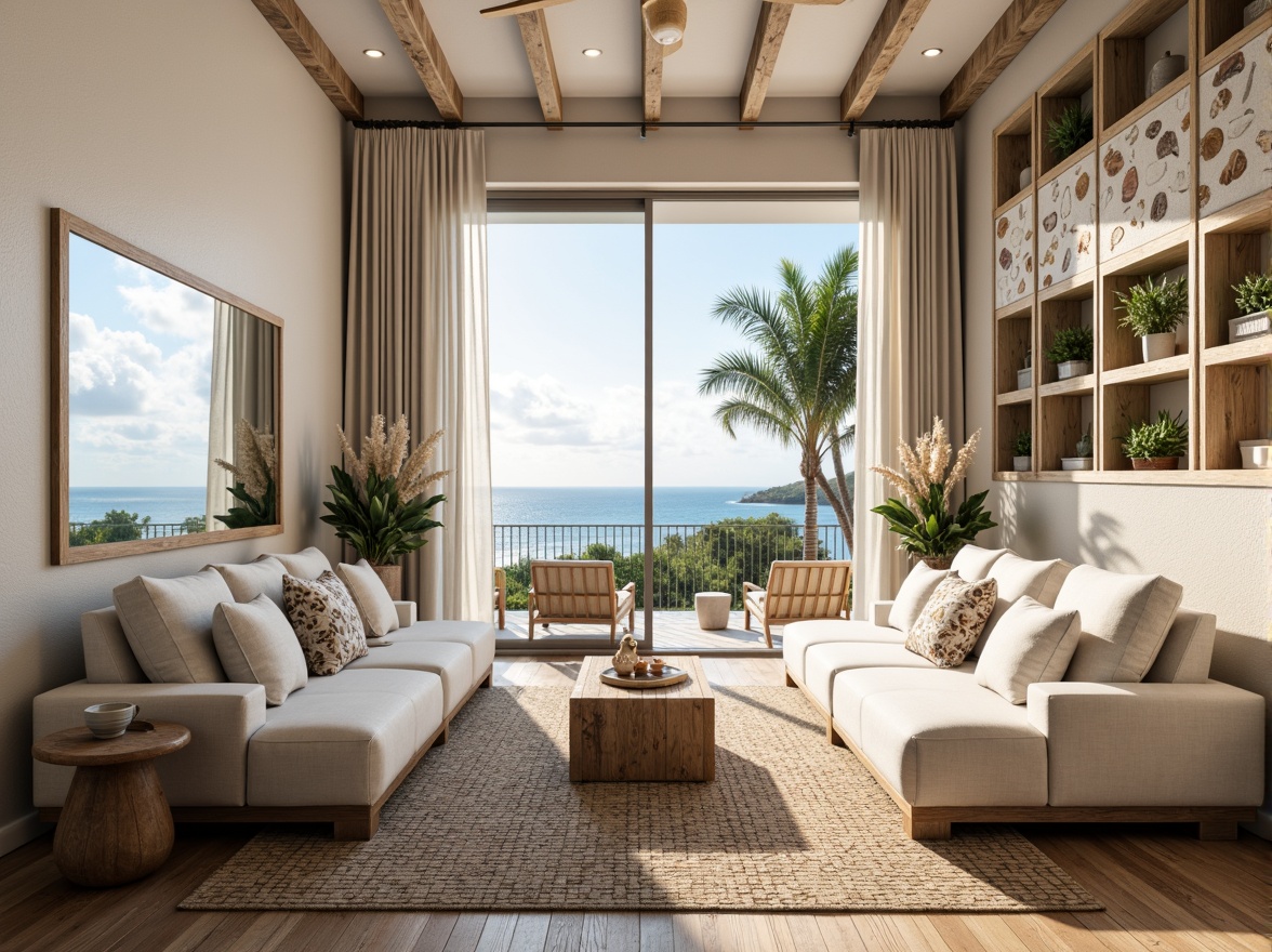 Prompt: Coastal living room, ocean-inspired color palette, driftwood accents, natural textiles, woven sea grass furniture, coral-patterned rugs, shell-adorned decorative walls, floor-to-ceiling windows, sliding glass doors, panoramic ocean views, soft warm lighting, beachy ambiance, minimalist decor, nautical-themed accessories, distressed wood flooring, plush sectional sofas, built-in shelving units, tropical plants, calming atmosphere, 1/1 composition, realistic reflections, ambient occlusion.