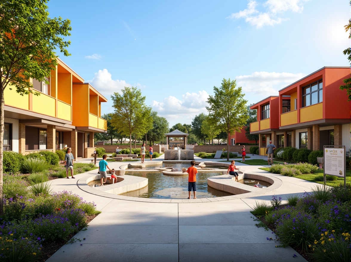 Prompt: Vibrant kindergarten playground, modernist architecture, bold color blocks, geometric shapes, minimalist design, natural stone walls, wooden accents, green roofs, eco-friendly materials, innovative water features, splash pads, interactive fountains, educational signage, whimsical sculptures, blooming flowers, lush greenery, sunny day, soft warm lighting, shallow depth of field, 3/4 composition, panoramic view, realistic textures, ambient occlusion.