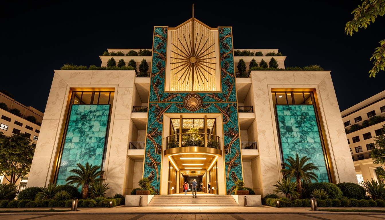 Prompt: Opulent Art Deco monument, lavish gold accents, rich bronze tones, luxurious marble surfaces, vibrant turquoise mosaics, bold geometric patterns, ornate metalwork details, sunburst motifs, stylized floral designs, metallic silver highlights, creamy ivory hues, warm beige stone textures, dramatic nighttime illumination, soft golden lighting, shallow depth of field, 1/1 composition, symmetrical framing, high-contrast rendering.