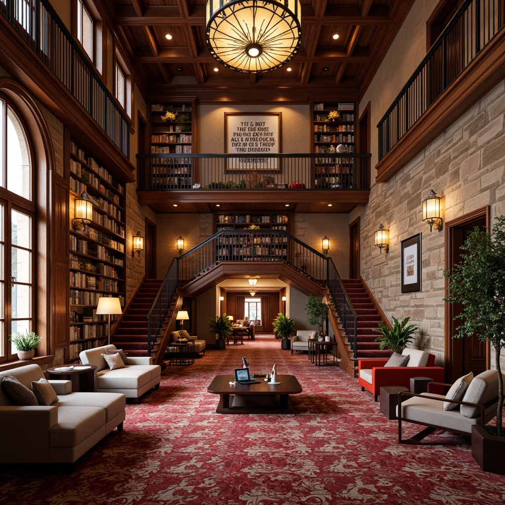 Prompt: Intricate wooden paneling, luxurious carpets, grand chandeliers, ornate staircases, cozy reading nooks, comfortable sofas, vibrant color schemes, modern student desks, sleek laptops, inspirational quotes, natural stone walls, rustic brick arches, warm ambient lighting, soft focus blur, 1/2 composition, intimate atmosphere, realistic textures, subtle depth of field.