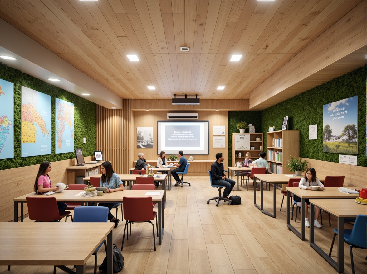 Prompt: Cozy classrooms, natural wood accents, soft warm lighting, comfortable seating areas, collaborative workspaces, interactive whiteboards, colorful educational charts, inspirational quotes, minimal ornamentation, open shelving units, organized storage systems, ergonomic furniture, acoustic panels, calming color schemes, abundant natural light, flexible modular layouts, technology-integrated learning tools, stimulating visual displays, engaging breakout spaces, quiet reading nooks, vibrant green walls, airy high ceilings, modern minimalist architecture.