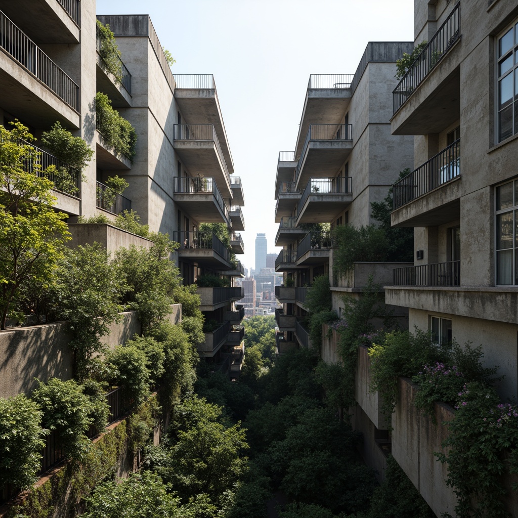 Prompt: Rugged brutalist buildings, raw concrete textures, fortress-like structures, overgrown vegetation, wildflowers, moss-covered walls, weathered steel beams, industrial materials, urban landscape integration, cityscape views, elevated walkways, cantilevered sections, dramatic shadows, harsh natural light, 1/1 composition, symmetrical framing, high-contrast lighting, gritty realistic textures, ambient occlusion.