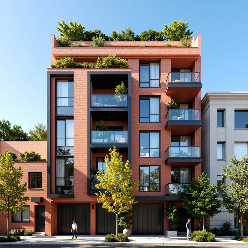 Prompt: Geometric residential facade, rectangular forms, clean lines, minimal ornamentation, functional simplicity, industrial materials, exposed brick walls, steel frame windows, cantilevered balconies, asymmetrical compositions, bold color blocking, primary color accents, urban cityscape, modernist neighborhood, sunny afternoon, high contrast lighting, deep shadows, 1/1 composition, symmetrical framing, realistic textures, ambient occlusion.