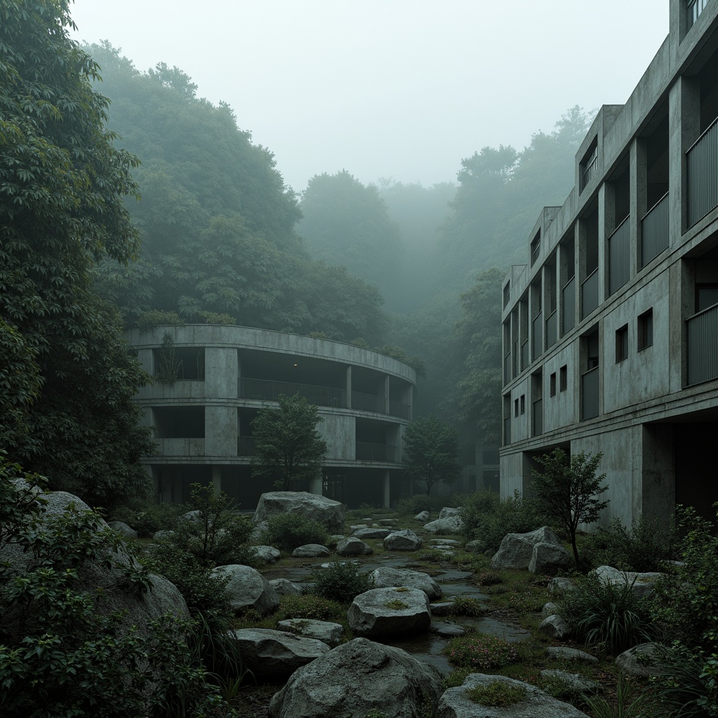 Prompt: Rugged natural landscape, rocky outcrops, dense forestation, brutalist concrete structures, fortress-like architecture, raw unfinished surfaces, industrial materials, exposed ductwork, dramatic lighting effects, misty atmospheric conditions, eerie silence, cinematic wide-angle shots, low-angle compositions, high-contrast textures, ominous color palette, abandoned industrial sites, overgrown vegetation, crumbling walls, rusted metal accents, brutalist sculptures, avant-garde performances, experimental sound design.