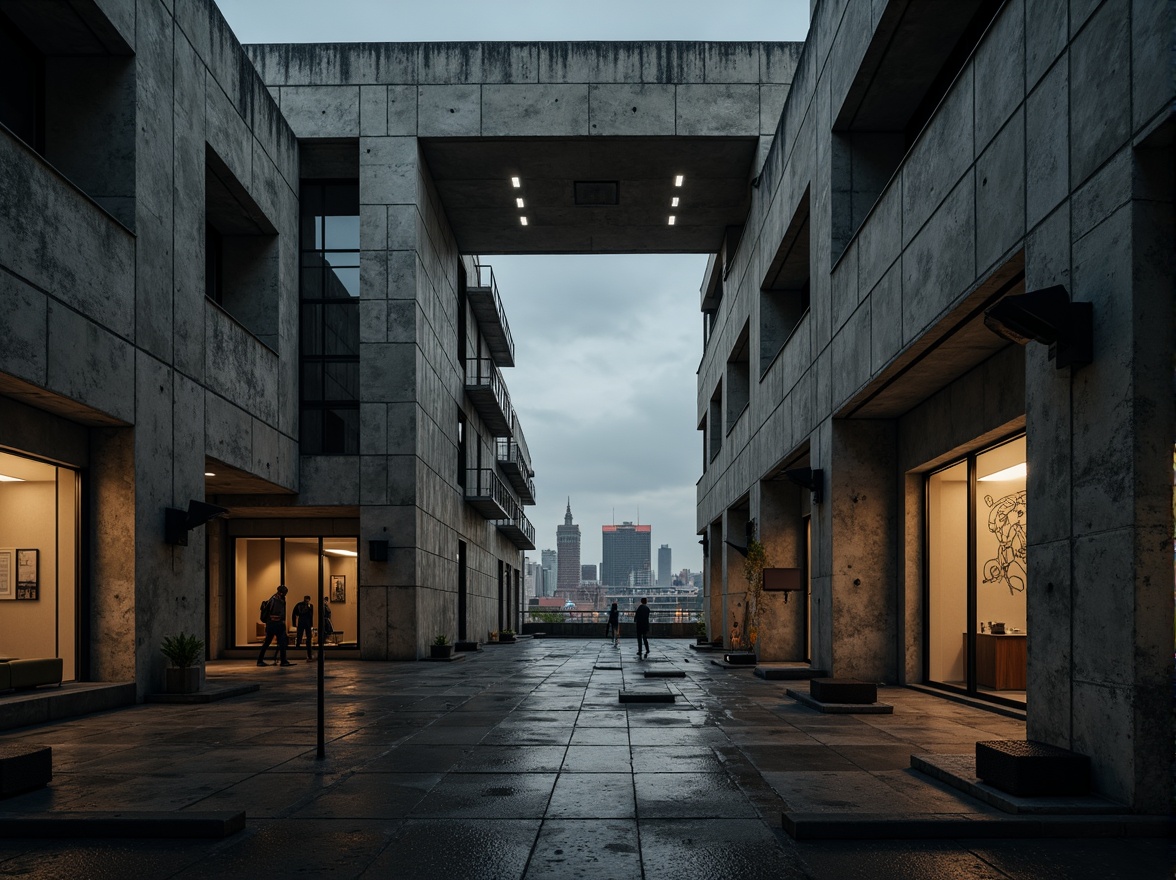 Prompt: Rough-hewn concrete walls, brutalist architecture, dramatic spotlights, industrial metal beams, exposed ductwork, raw unfinished surfaces, bold geometric shapes, fortress-like structures, urban cityscape, overcast skies, moody atmospheric lighting, high-contrast shadows, cinematic composition, 2.35