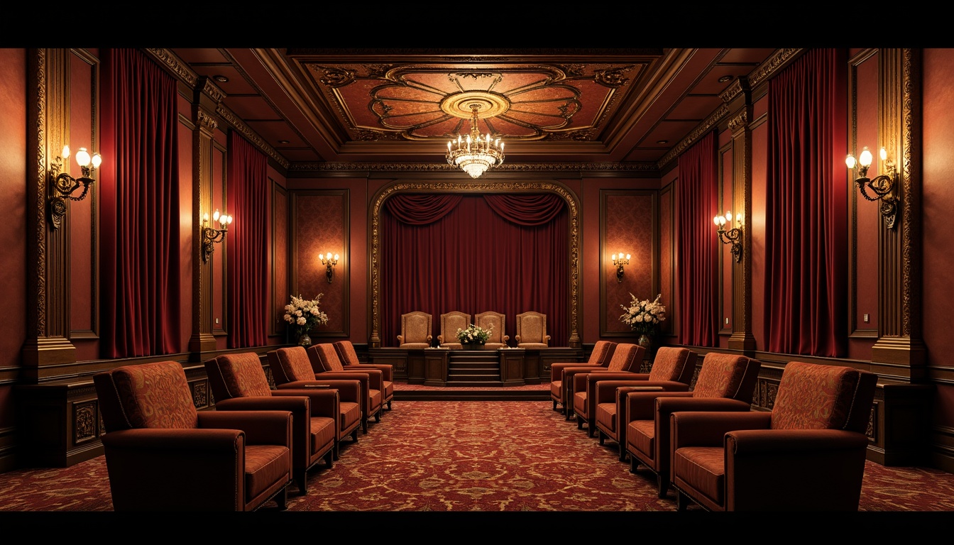 Prompt: Rich velvet drapes, ornate golden frames, distressed leather armchairs, vintage cinema seats, intricate wooden carvings, luxurious silk fabrics, antique bronze fixtures, eclectic art deco patterns, warm dim lighting, cinematic color grading, shallow depth of field, 1/1 composition, realistic textures, ambient occlusion.