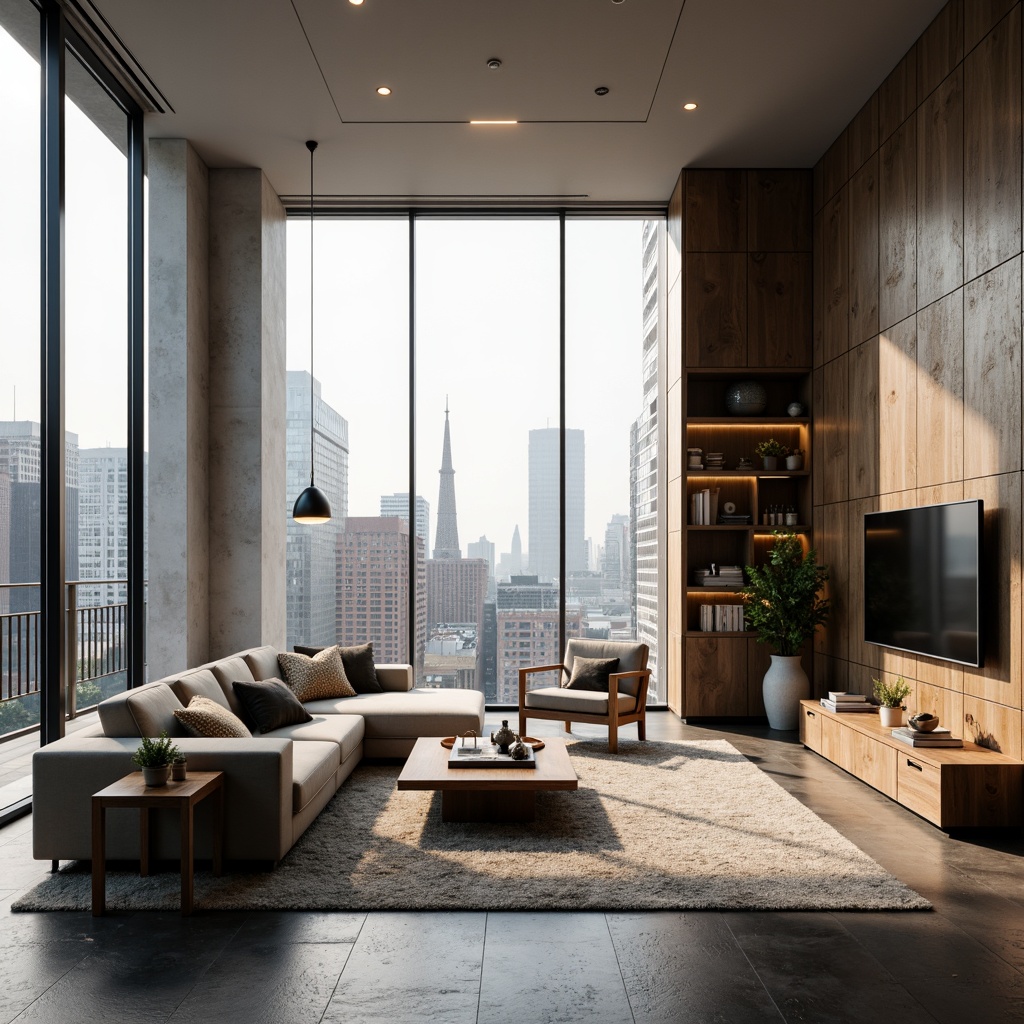 Prompt: Modern living room, sleek minimalist furniture, neutral color palette, textured rugs, floor-to-ceiling windows, natural light pouring in, urban cityscape views, cozy reading nook, built-in shelving units, geometric patterned wallpaper, ambient warm lighting, 1/1 composition, shallow depth of field, realistic textures, soft focus blur.