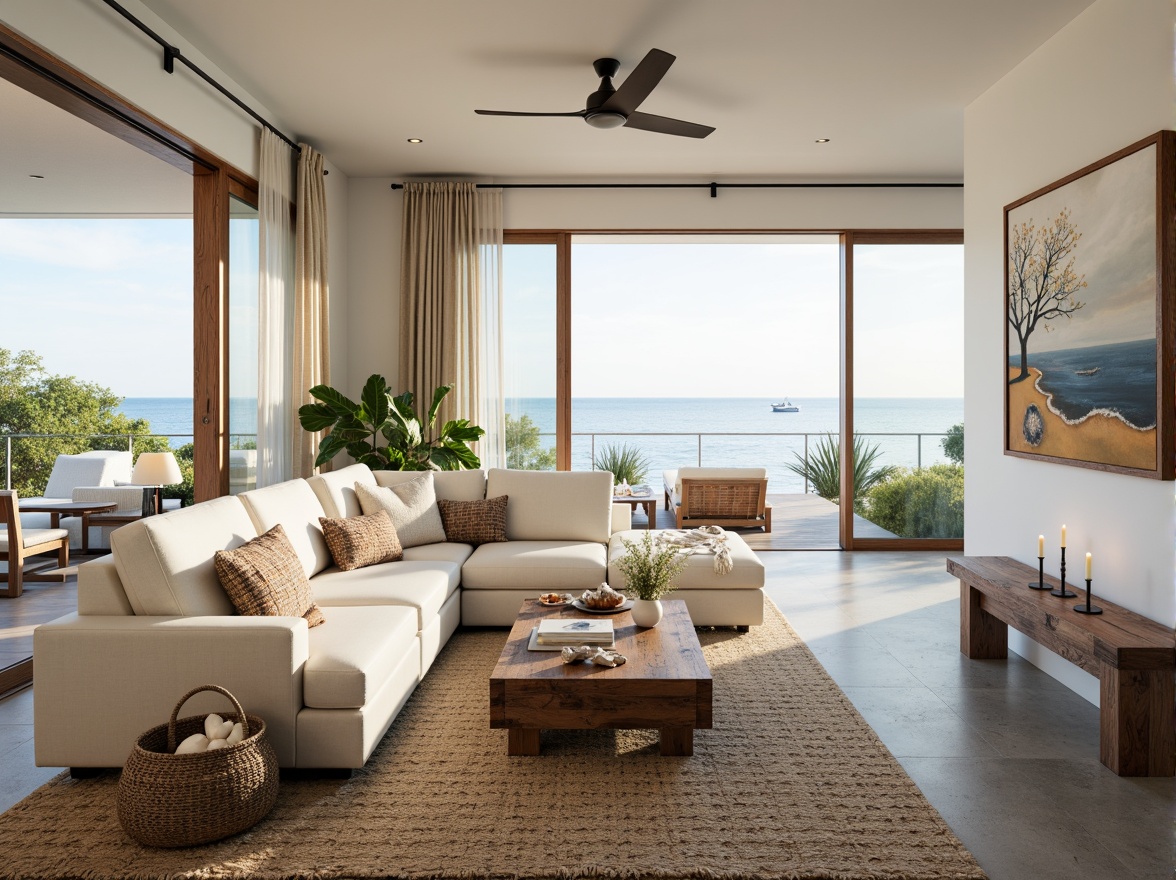 Prompt: Coastal living room, ocean-inspired color palette, driftwood accents, natural textiles, woven sea grass rugs, shell-adorned decorative pieces, floor-to-ceiling windows, sliding glass doors, beachy vibe, soft warm lighting, 1/1 composition, shallow depth of field, realistic wood textures, ambient occlusion, modern minimalist furniture, plush sectional sofas, reclaimed wood coffee tables, nautical-themed artwork, coral-patterned throw pillows, sea salt-scented candles, calming atmosphere.