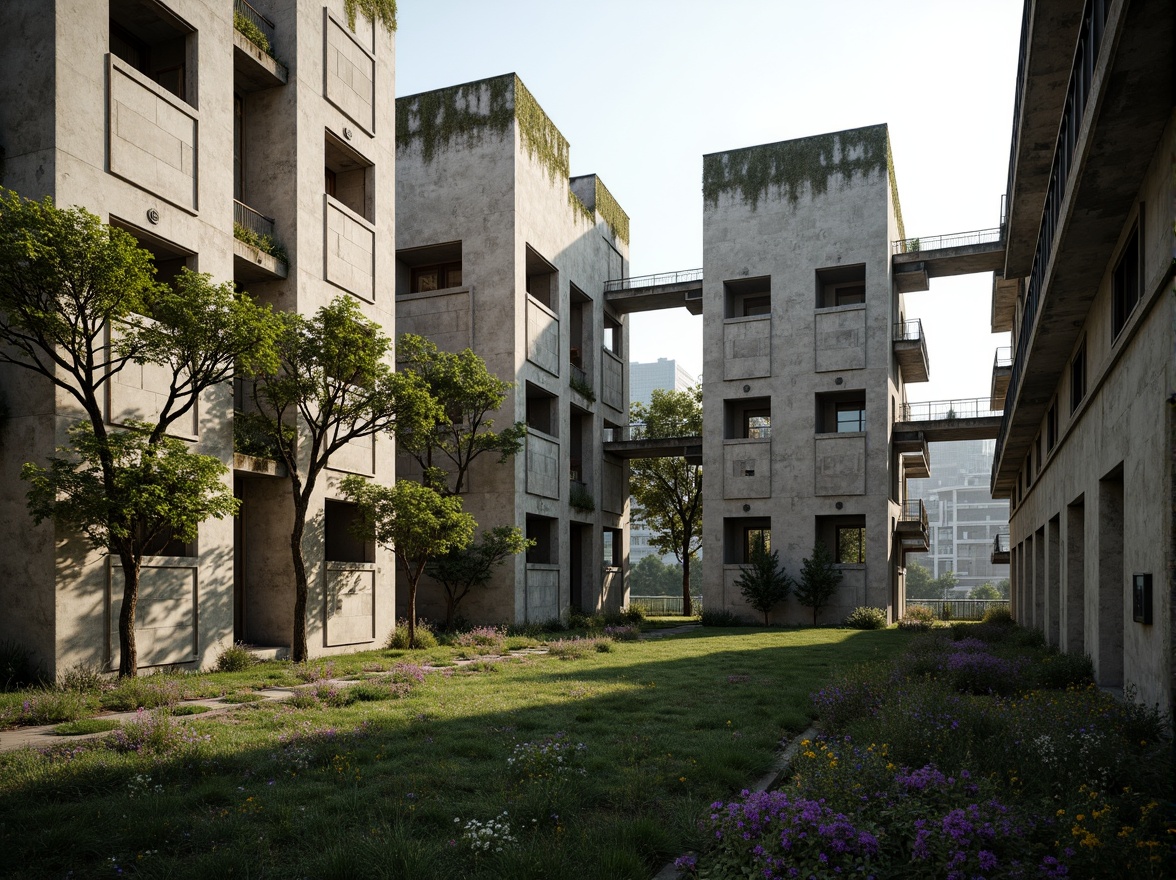 Prompt: Rugged brutalist buildings, raw concrete textures, fortress-like structures, overgrown vegetation, wildflowers, moss-covered walls, weathered steel beams, industrial materials, urban landscape integration, cityscape views, elevated walkways, cantilevered sections, dramatic shadows, harsh natural light, 1/1 composition, symmetrical framing, high-contrast lighting, gritty realistic textures, ambient occlusion.