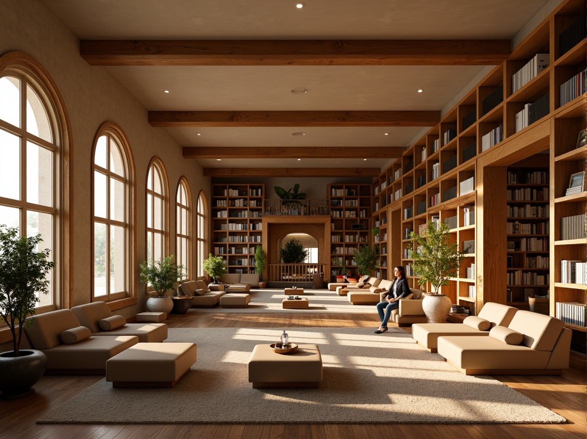 Prompt: Cozy library interior, warm beige walls, rich wood accents, comfortable seating areas, plush carpets, soft golden lighting, floor-to-ceiling bookshelves, modern minimalist furniture, calming greenery, natural stone columns, elegant archways, subtle texture overlays, realistic material reflections, shallow depth of field, 1/1 composition, warm atmospheric ambiance, inviting color palette.