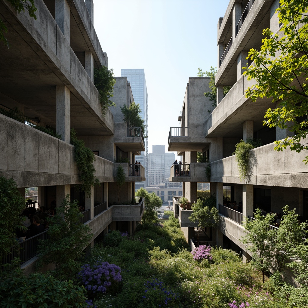 Prompt: Rugged brutalist buildings, raw concrete textures, fortress-like structures, overgrown vegetation, wildflowers, moss-covered walls, weathered steel beams, industrial materials, urban landscape integration, cityscape views, elevated walkways, cantilevered sections, dramatic shadows, harsh natural light, 1/1 composition, symmetrical framing, high-contrast colors, gritty realistic textures, ambient occlusion.