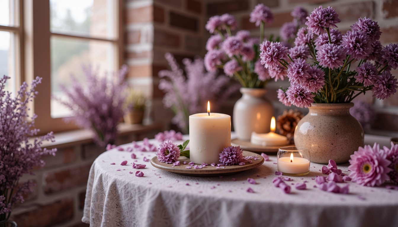 Prompt: Vibrant heliotrope tones, rich berry hues, soft lavender shades, warm beige accents, creamy whites, subtle golden undertones, natural stone textures, organic earthy materials, whimsical floral patterns, delicate lace details, romantic candlelit ambiance, soft focus, shallow depth of field, 1/1 composition, intimate close-up shots, realistic fabric simulations.