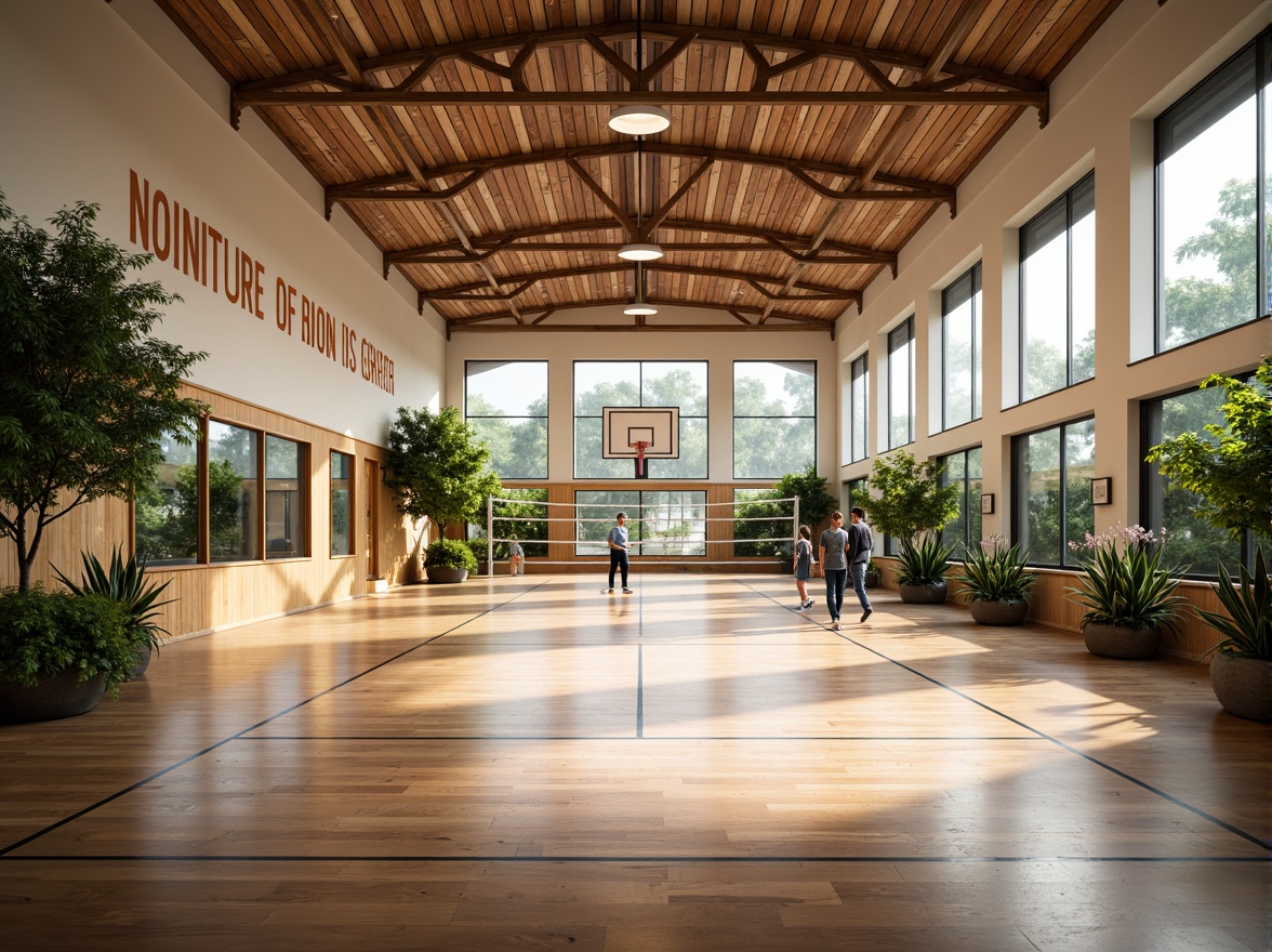 Prompt: Spacious gymnasium interior, high ceilings, natural light pouring in, polished wooden floors, basketball courts, volleyball nets, athletic tracks, exercise equipment, mirrored walls, motivational quotes, modern architectural design, sleek lines, minimalist decor, abundant greenery, tropical plants, warm color scheme, soft diffused lighting, shallow depth of field, 1/1 composition, realistic textures, ambient occlusion.