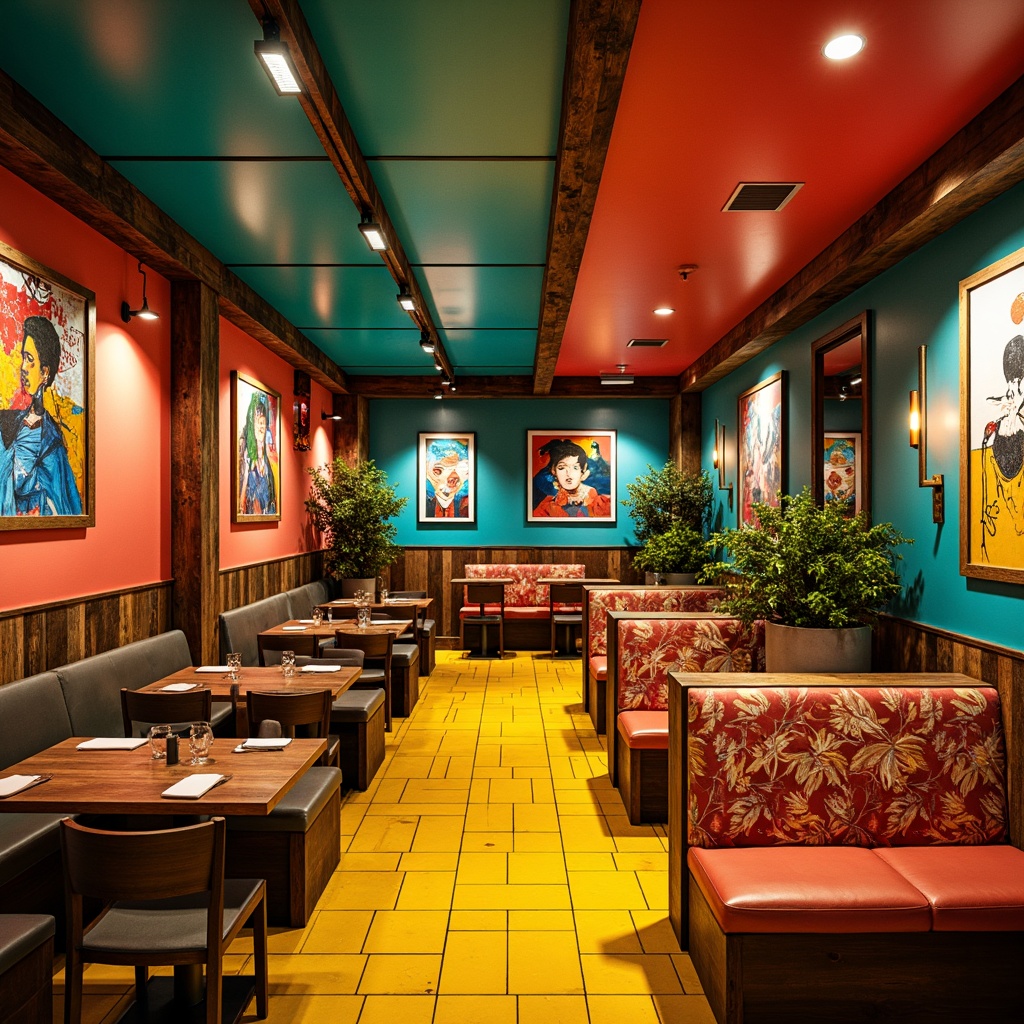 Prompt: Vibrant restaurant interior, expressionist art style, bold color palette, warm golden lighting, rich wood accents, eclectic furniture, abstract artwork, geometric patterns, bright coral walls, deep turquoise ceilings, sunny yellow floors, distressed metal decorations, reclaimed wood textures, industrial chic atmosphere, dramatic shadows, high contrast ratio, 1/2 composition, cinematic lighting, realistic reflections.