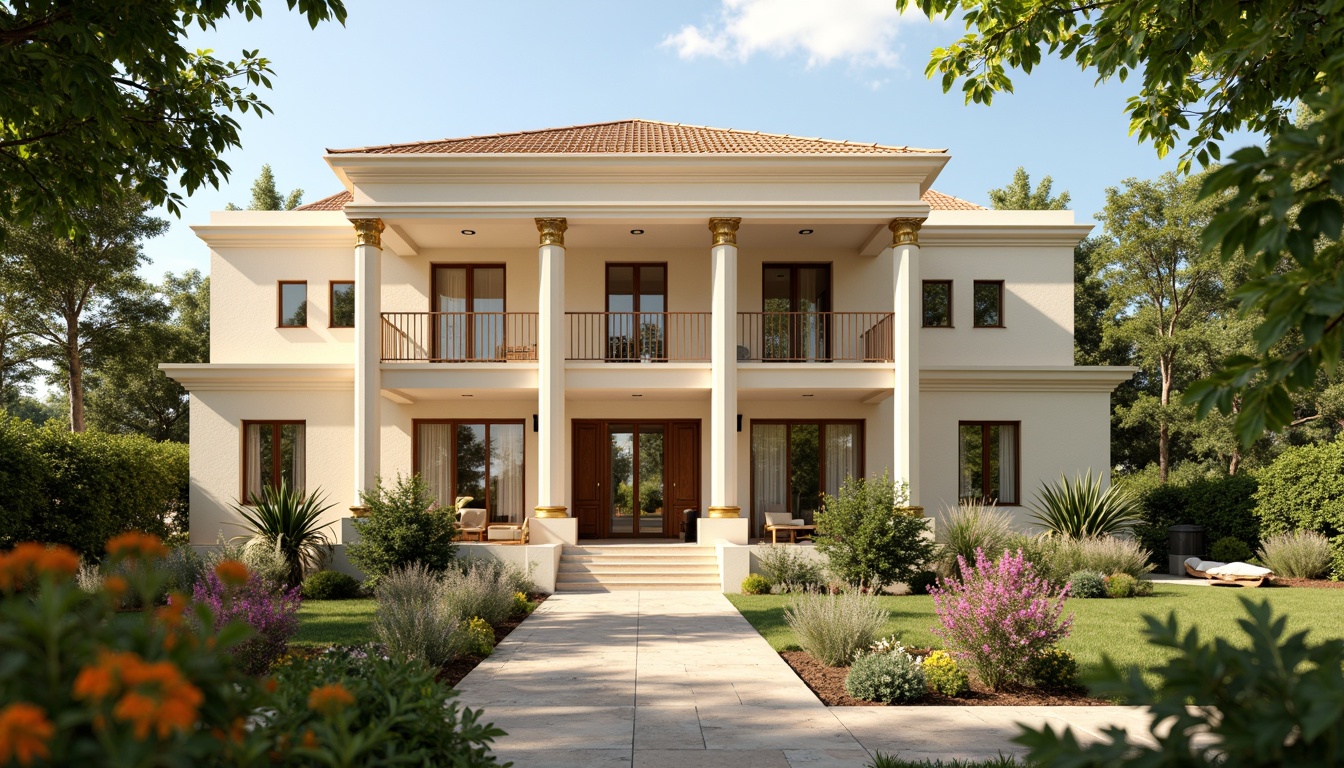 Prompt: Elegant classicism style house, soft cream facade, warm beige columns, ornate golden details, rich brown wooden doors, subtle terracotta roof tiles, lush greenery surroundings, vibrant blooming flowers, serene natural ambiance, warm sunny day, soft diffused lighting, shallow depth of field, 3/4 composition, realistic textures, ambient occlusion.