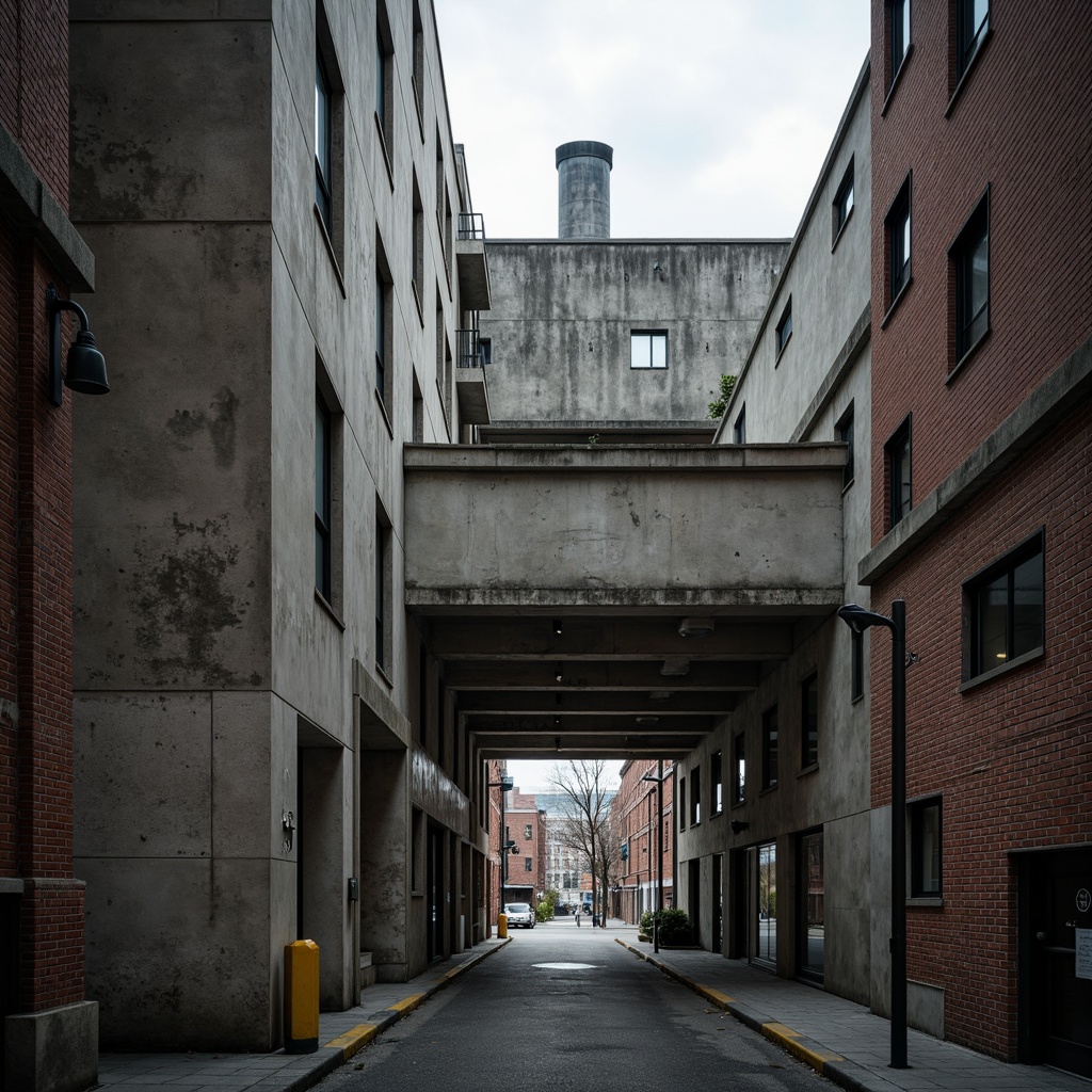 Prompt: Rough concrete walls, exposed ductwork, industrial metal beams, raw brick facades, weathered stone surfaces, distressed wood accents, brutalist monumentality, fortress-like structures, urban cityscape, overcast skies, dramatic shadows, high-contrast lighting, cinematic composition, gritty realistic textures, ambient occlusion.