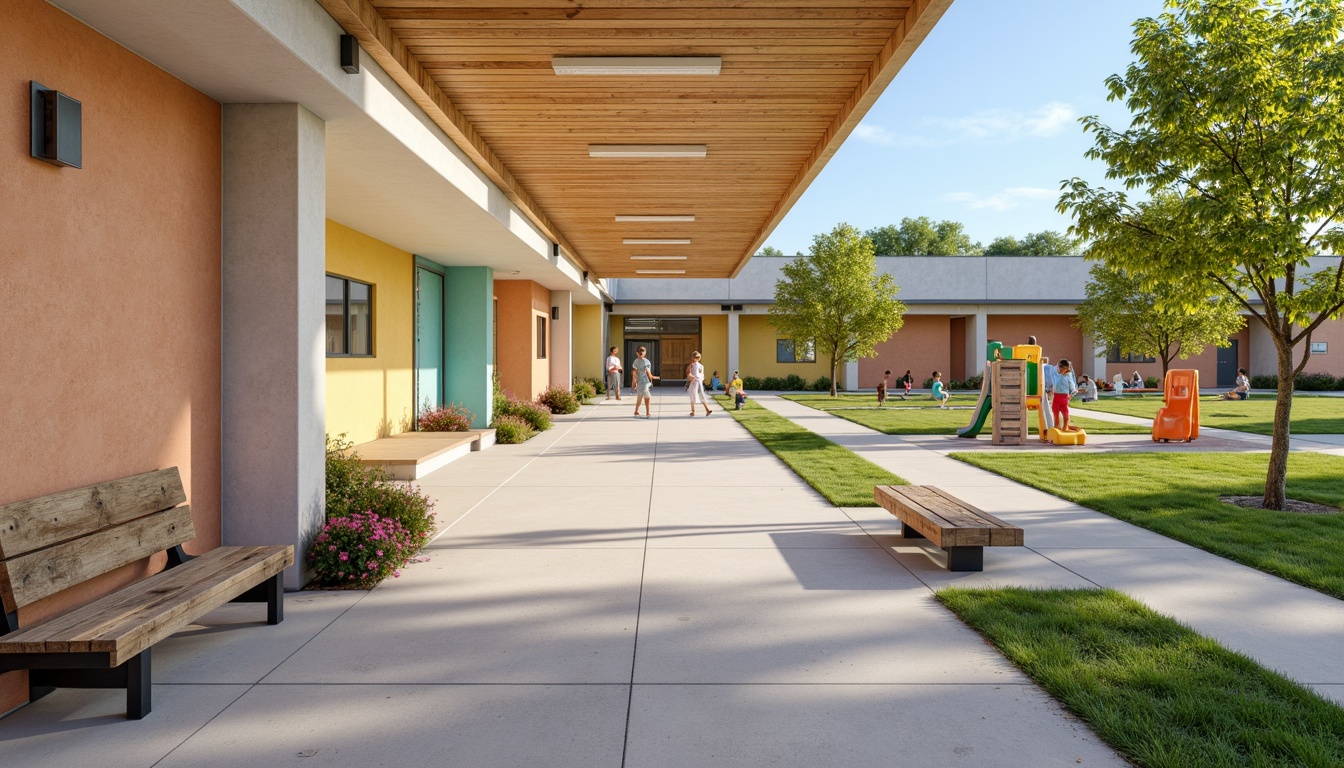 Prompt: Vibrant community center, warm beige walls, soft pastel accents, calming green spaces, playful children's playground, durable concrete floors, weathered wood benches, inviting entranceways, accessible ramps, modern amenities, energy-efficient appliances, cozy living rooms, natural light-filled corridors, soothing color scheme, 1/1 composition, shallow depth of field, realistic textures, ambient occlusion.