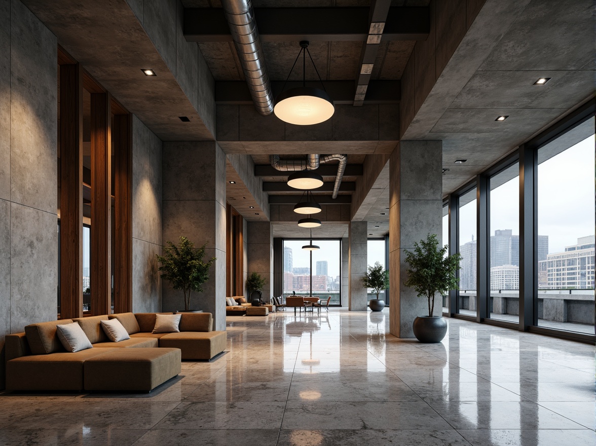 Prompt: Rustic concrete walls, reclaimed wood accents, industrial metal beams, exposed ductwork, polished marble floors, sleek glass facades, minimalist decor, natural stone cladding, brutalist architecture, urban cityscape, overcast sky, dramatic shadows, high-contrast lighting, 1/1 composition, symmetrical framing, realistic textures, ambient occlusion.