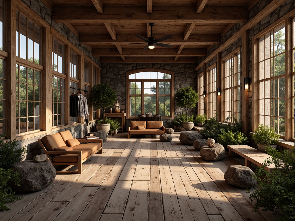 Prompt: Rustic wooden planks, distressed finishes, earthy tones, natural stone walls, rough-hewn boulders, moss-covered rocks, weathered metal accents, vintage industrial pipes, reclaimed wood furniture, worn leather upholstery, soft warm lighting, shallow depth of field, 3/4 composition, panoramic view, realistic textures, ambient occlusion.