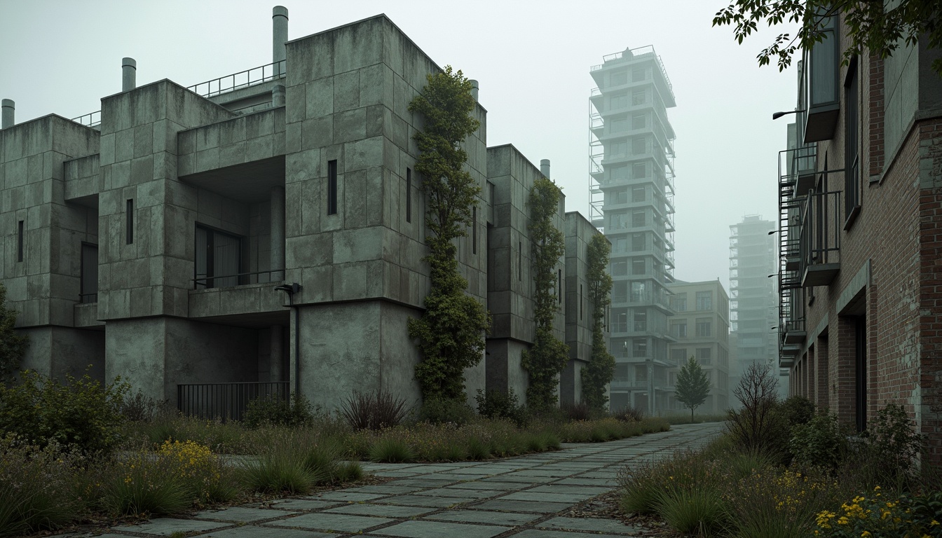 Prompt: Rugged brutalist architecture, raw concrete textures, fortress-like structures, overgrown vegetation, wildflowers, moss-covered walls, industrial landscapes, abandoned factories, crumbling brick facades, distressed metal accents, urban decay, post-apocalyptic atmosphere, dramatic lighting, low-angle shots, cinematic composition, gritty realistic renderings, atmospheric fog effects, misty mornings, eerie silence.