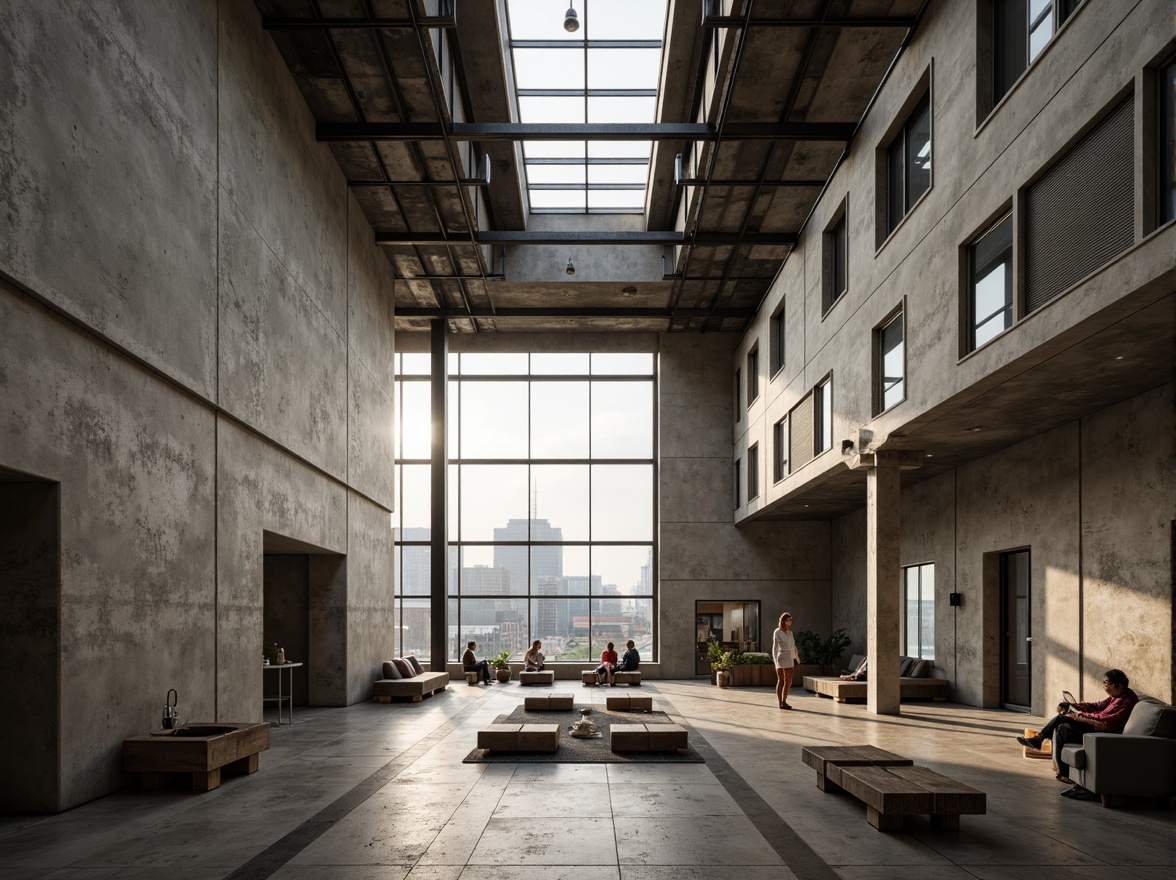 Prompt: Rugged community center, brutalist architecture, raw concrete walls, exposed ductwork, industrial metal beams, natural light pouring in, large skylights, clerestory windows, urban landscape views, gritty cityscape, overcast sky, soft diffused lighting, high contrast shadows, dramatic architectural angles, bold structural elements, minimalist interior design, functional simplicity, communal gathering spaces, reclaimed wood accents, earthy color palette, organic textures, 3/4 composition, cinematic framing, realistic render.