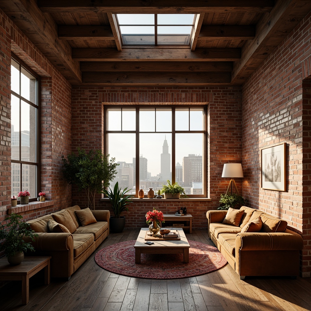 Prompt: Exposed brick walls, wooden beam ceilings, industrial chic decor, cozy reading nooks, plush velvet sofas, vintage rugs, distressed wood furniture, soft warm lighting, large windows, skylights, clerestory windows, urban cityscape views, romantic ambiance, intimate atmosphere, natural textiles, earthy color palette, minimalist ornamentation, functional simplicity, airy open spaces, 1/1 composition, shallow depth of field, warm golden hour lighting.