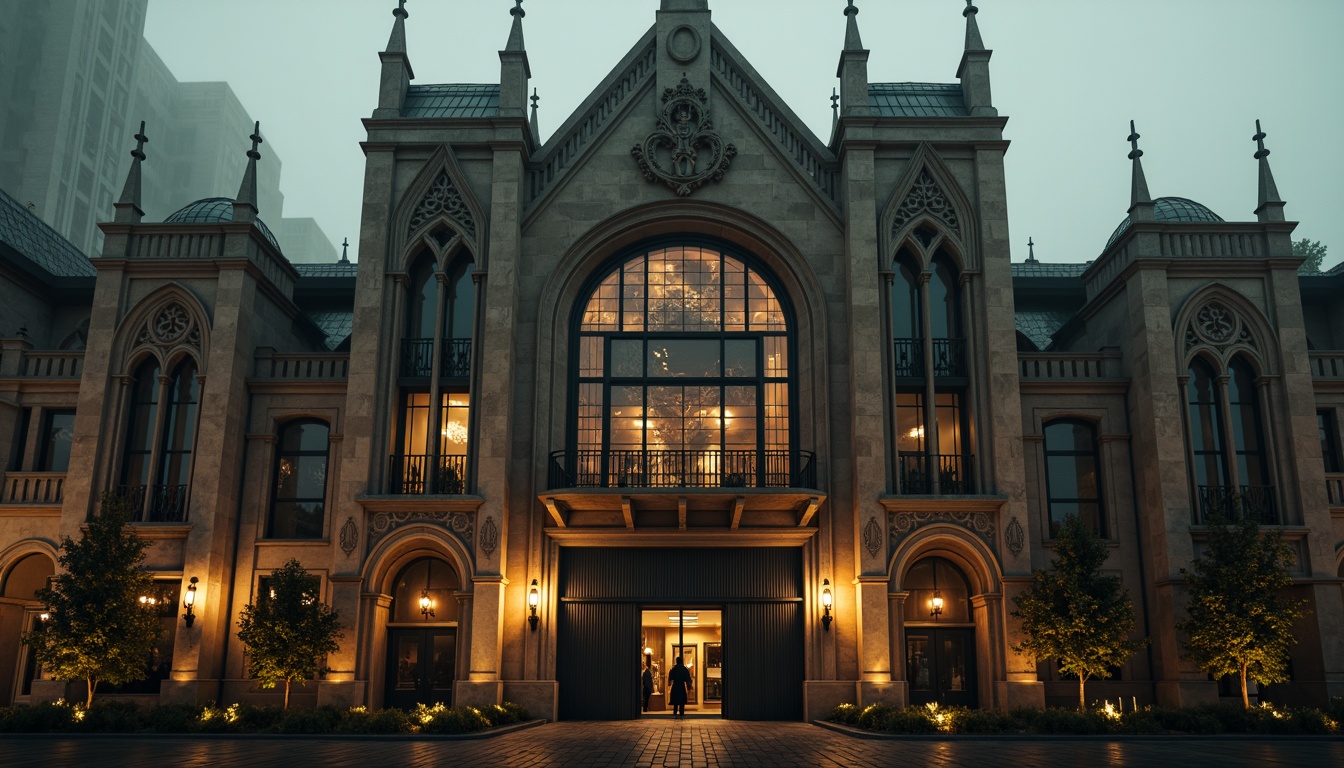 Prompt: Industrial factory building, Gothic-inspired facade, intricate stone carvings, pointed arches, ribbed vaults, flying buttresses, grand entrance gates, ornate metalwork, stained glass windows, dramatic verticality, imposing scale, mysterious ambiance, foggy atmosphere, warm golden lighting, high contrast ratio, 1/2 composition, cinematic view, detailed textures, ambient occlusion.