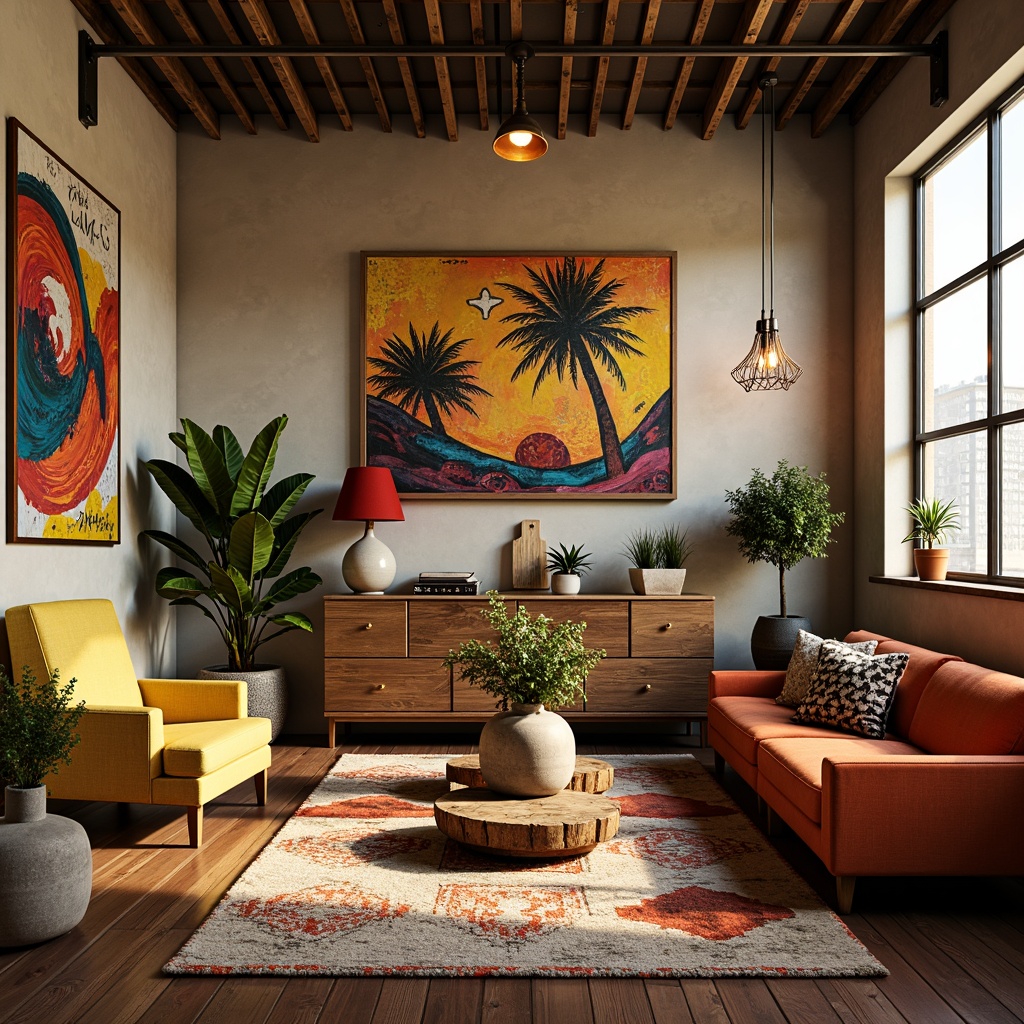 Prompt: Vibrant artistic studio, eclectic furniture, bold color blocking, contrasting textures, abstract artwork, statement lighting fixtures, industrial metal accents, reclaimed wood floors, bohemian-inspired rugs, natural fiber textiles, earthy tone ceramics, warm golden lighting, shallow depth of field, 1/1 composition, realistic renderings, ambient occlusion.