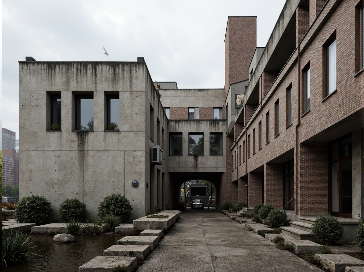 Prompt: Rough-hewn concrete walls, exposed ductwork, industrial metal beams, weathered steel surfaces, raw brick facades, rugged stone foundations, brutalist fortress-like structures, dramatic cantilevered roofs, angular geometric forms, monolithic monumental scale, harsh urban landscapes, overcast skies, diffused natural light, high-contrast shadows, gritty realistic textures, detailed normal maps, ambient occlusion.