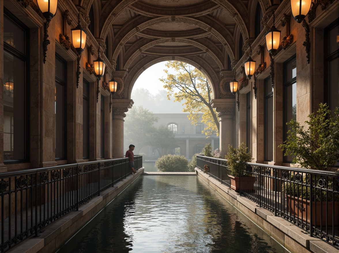 Prompt: Intricate stone carvings, ornate metal railings, grandiose arches, majestic columns, rustic stonework, weathered copper accents, lavish lanterns, dramatic water reflections, misty morning atmosphere, soft warm lighting, shallow depth of field, 1/2 composition, symmetrical framing, realistic textures, ambient occlusion.