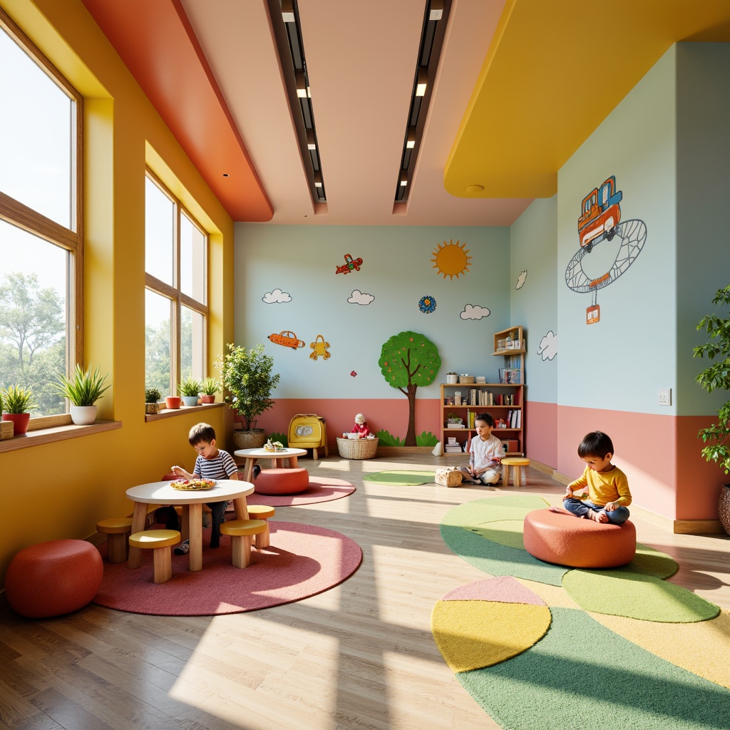 Prompt: Vibrant kindergarten interior, playful color scheme, bright primary colors, soft pastel hues, whimsical illustrations, educational wall decals, interactive learning tools, wooden furniture, rounded edges, safety flooring, natural light, warm atmosphere, cozy reading nooks, circular tables, tiny chairs, colorful rugs, stimulating textures, shallow depth of field, 1/1 composition, realistic renderings, ambient occlusion.