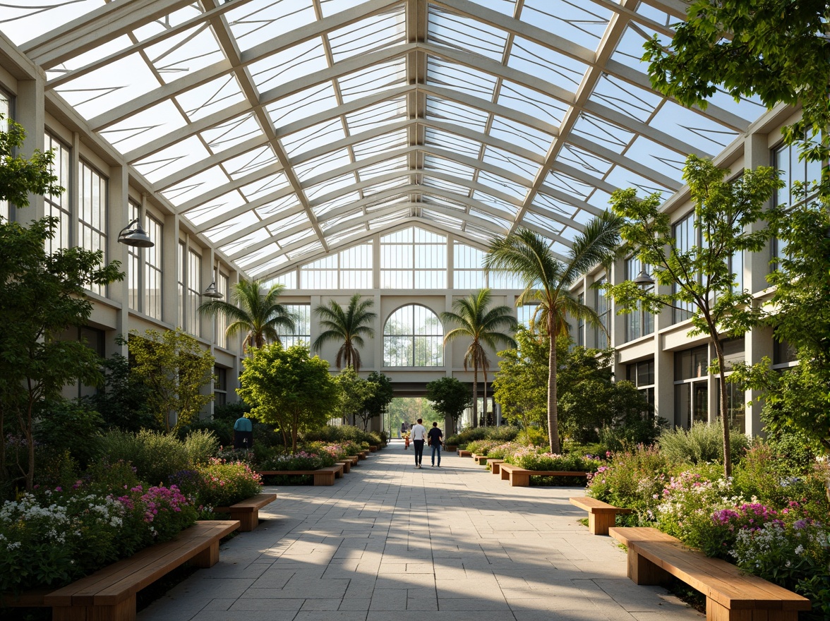 Prompt: Elegant greenhouse, lush greenery, abundant natural light, clerestory windows, skylights, transparent roof panels, steel frames, minimalist architecture, modern academic style, vibrant flowers, educational signs, wooden benches, stone pathways, warm atmosphere, soft diffused lighting, shallow depth of field, 1/1 composition, realistic textures, ambient occlusion.