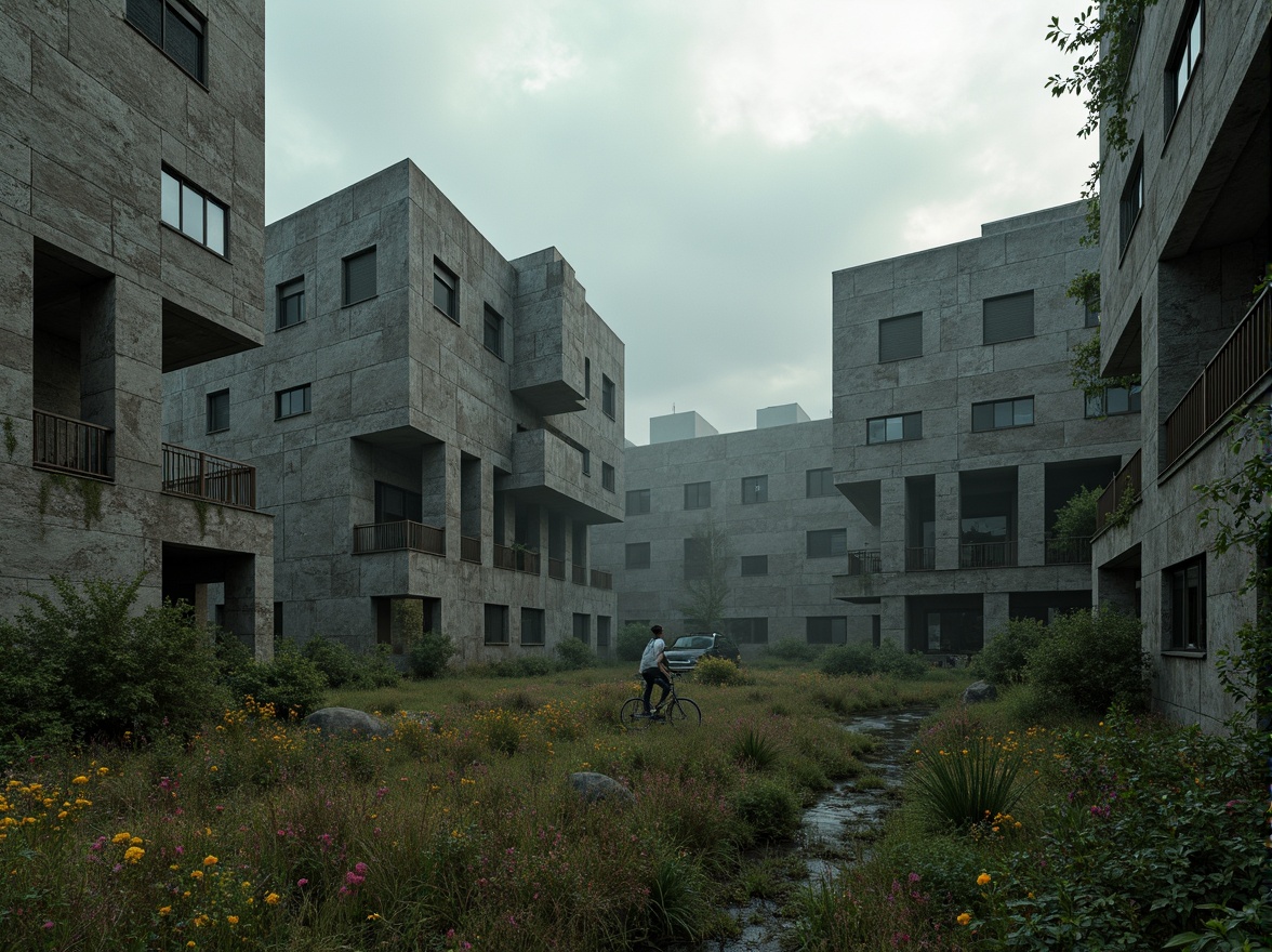 Prompt: Rugged brutalist architecture, raw concrete textures, fortress-like structures, overgrown vegetation, wildflowers, moss-covered walls, industrial landscapes, abandoned factories, crumbling brick facades, distressed metal accents, urban decay, post-apocalyptic atmosphere, dramatic lighting, low-angle shots, cinematic composition, gritty realistic renderings, atmospheric fog effects, misty mornings, eerie silence.