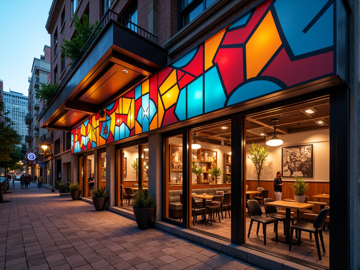 Prompt: Vibrant restaurant facade, expressionist architecture, bold geometric shapes, bright primary colors, abstract patterns, irregular forms, dynamic lighting effects, neon signs, metallic accents, industrial materials, exposed ductwork, urban cityscape, bustling streets, evening atmosphere, warm golden lighting, shallow depth of field, 1/1 composition, dramatic shadows, high-contrast textures.