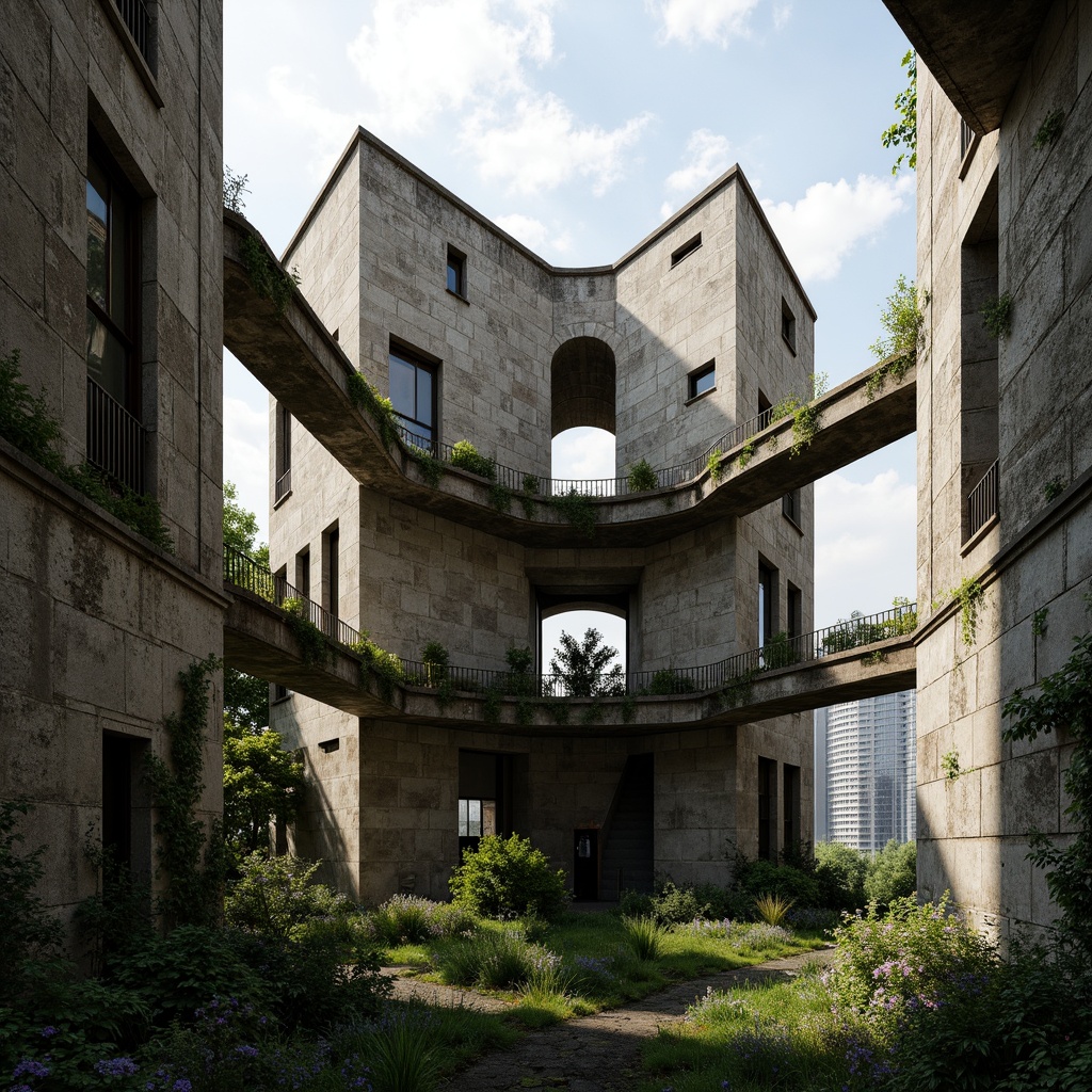 Prompt: Rugged brutalist buildings, raw concrete textures, fortress-like structures, overgrown vegetation, wildflowers, moss-covered walls, weathered steel beams, industrial materials, urban landscape integration, cityscape views, elevated walkways, cantilevered sections, dramatic shadows, harsh natural light, 1/1 composition, symmetrical framing, gritty realistic renderings, ambient occlusion.