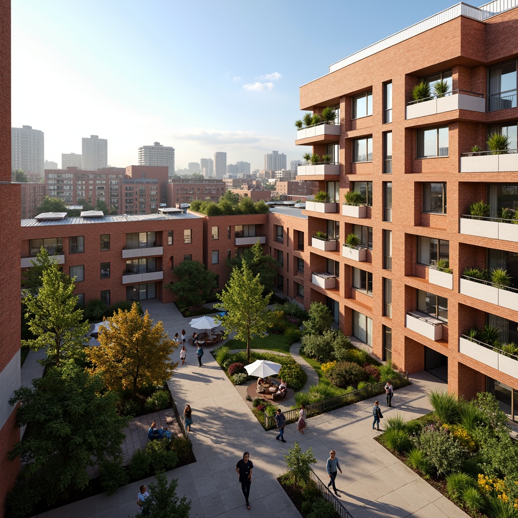 Prompt: Vibrant apartment complex, social housing community, modern facade design, bold color schemes, geometric patterns, balconies with greenery, urban landscape, city skyline, sunny day, soft warm lighting, shallow depth of field, 3/4 composition, panoramic view, realistic textures, ambient occlusion, brick and concrete materials, large windows, sliding glass doors, cozy outdoor seating areas, community gardens, playground equipment, educational facilities, public art installations, pedestrian-friendly walkways.