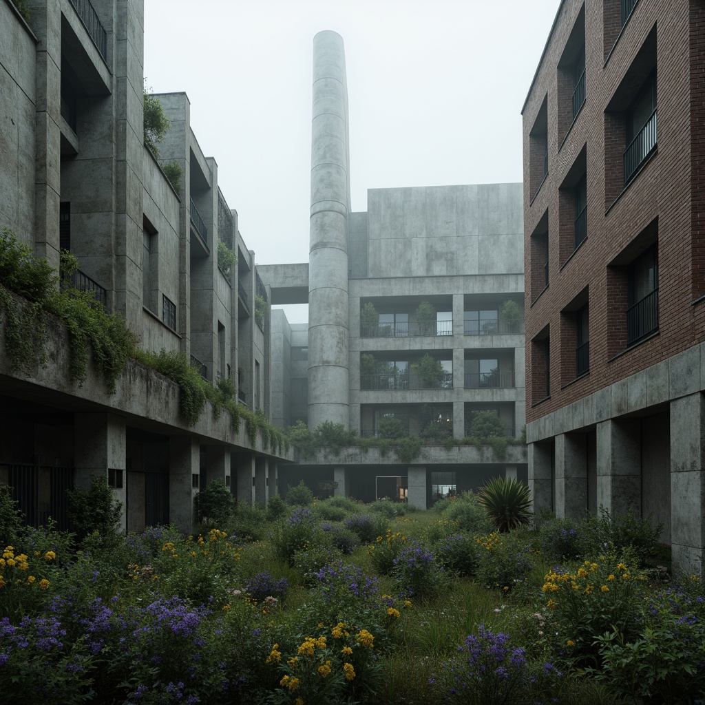 Prompt: Rugged brutalist architecture, raw concrete textures, fortress-like structures, overgrown vegetation, wildflowers, moss-covered walls, industrial landscapes, abandoned factories, crumbling brick facades, distressed metal accents, urban decay, post-apocalyptic atmosphere, dramatic lighting, low-angle shots, cinematic composition, gritty realistic renderings, atmospheric fog effects, misty mornings, eerie silence.