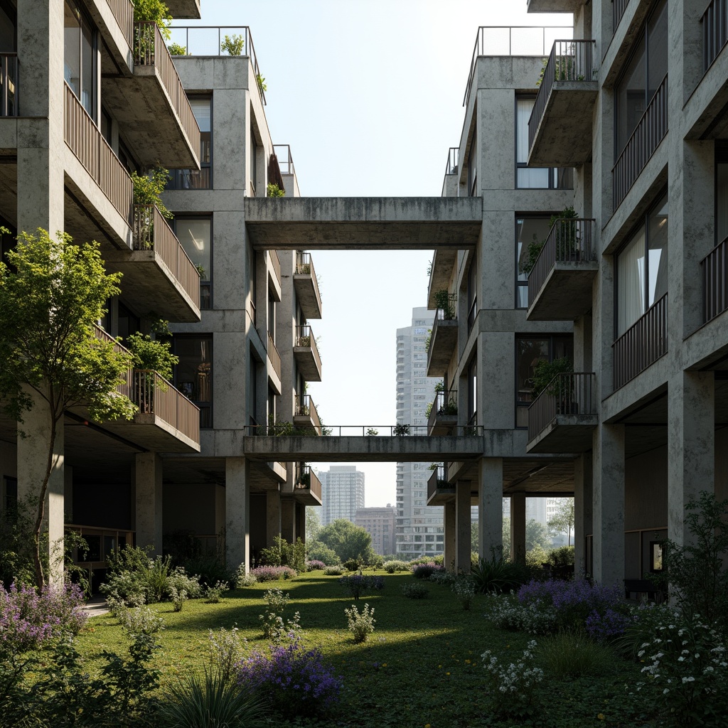 Prompt: Rugged brutalist buildings, raw concrete textures, fortress-like structures, overgrown vegetation, wildflowers, moss-covered walls, weathered steel beams, industrial materials, urban landscape integration, cityscape views, elevated walkways, cantilevered sections, dramatic shadows, harsh natural light, 1/1 composition, symmetrical framing, high-contrast lighting, gritty realistic textures, ambient occlusion.