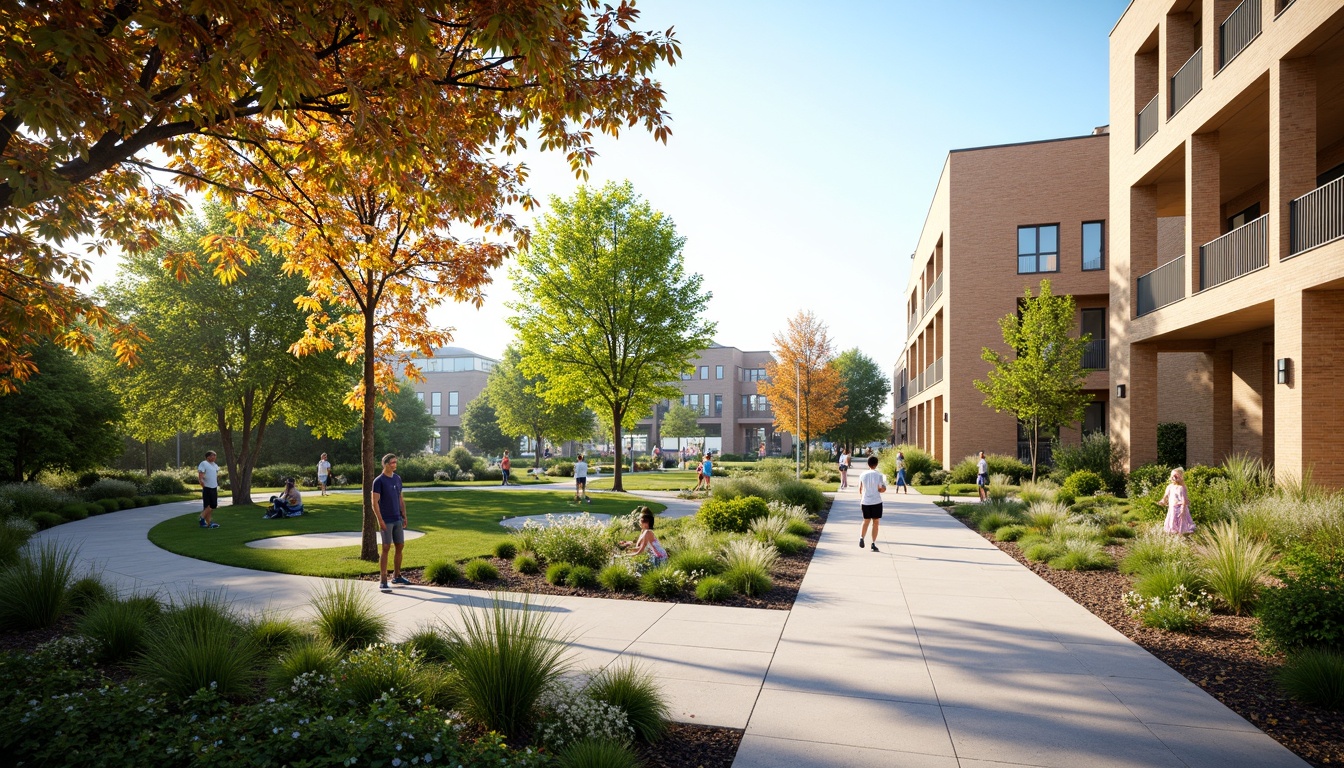 Prompt: Vibrant gymnasium courtyard, lush greenery, natural stone walls, wooden accents, modern architecture, large windows, glass doors, blooming trees, sunny day, soft warm lighting, shallow depth of field, 3/4 composition, panoramic view, realistic textures, ambient occlusion, outdoor fitness equipment, jogging tracks, sports fields, basketball courts, tennis courts, integrated landscape design, eco-friendly materials, sustainable energy solutions, rainwater harvesting systems, green roofs, innovative cooling technologies, shaded outdoor spaces, misting systems.