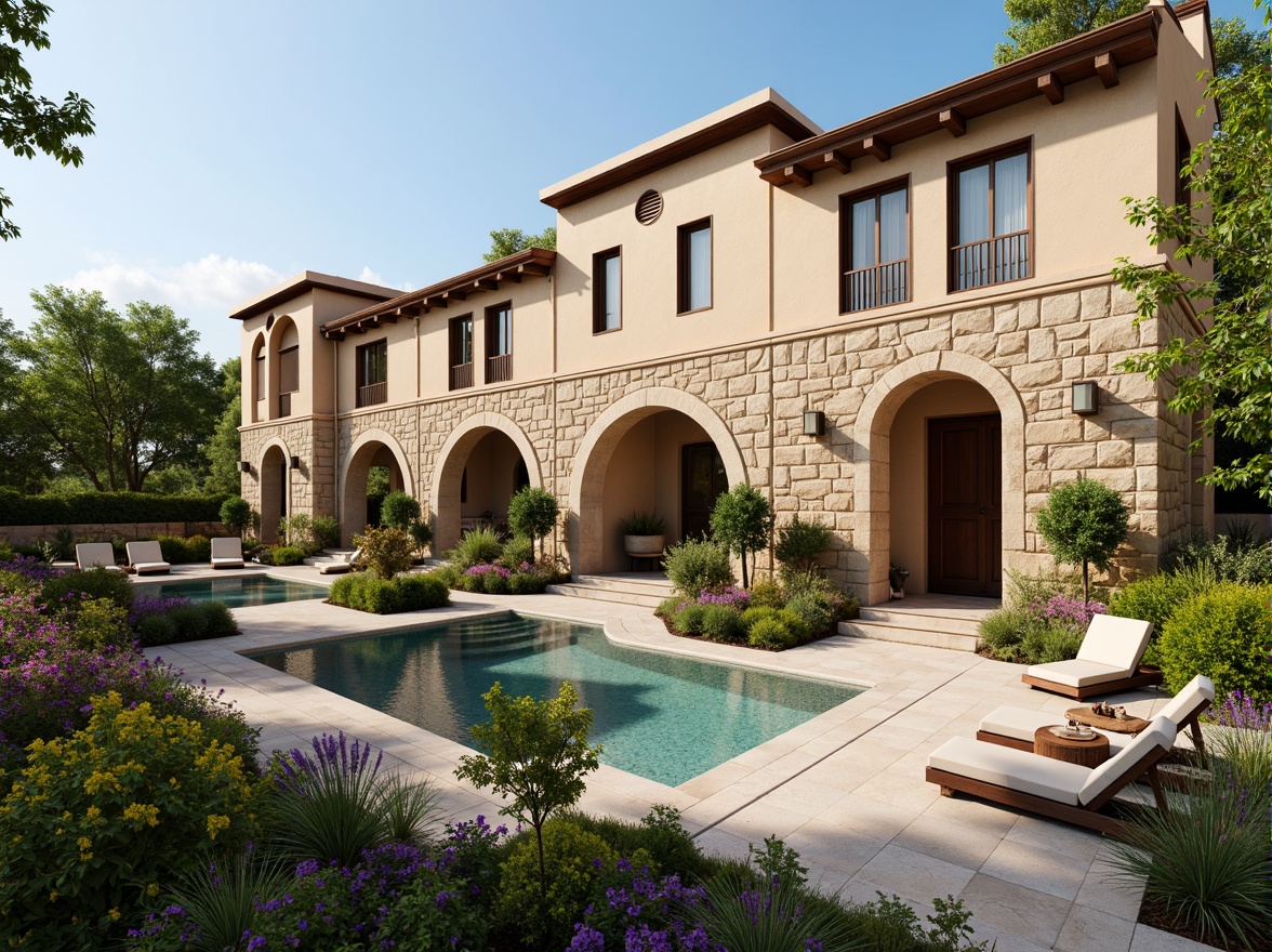 Prompt: Serene villa exterior, warm beige walls, rustic stone accents, lush greenery, vibrant flowers, tranquil water features, soft natural lighting, earthy tone roofs, wooden shutters, elegant archways, ornate ironwork, Mediterranean-inspired architecture, warm sunny day, shallow depth of field, 3/4 composition, panoramic view, realistic textures, ambient occlusion.