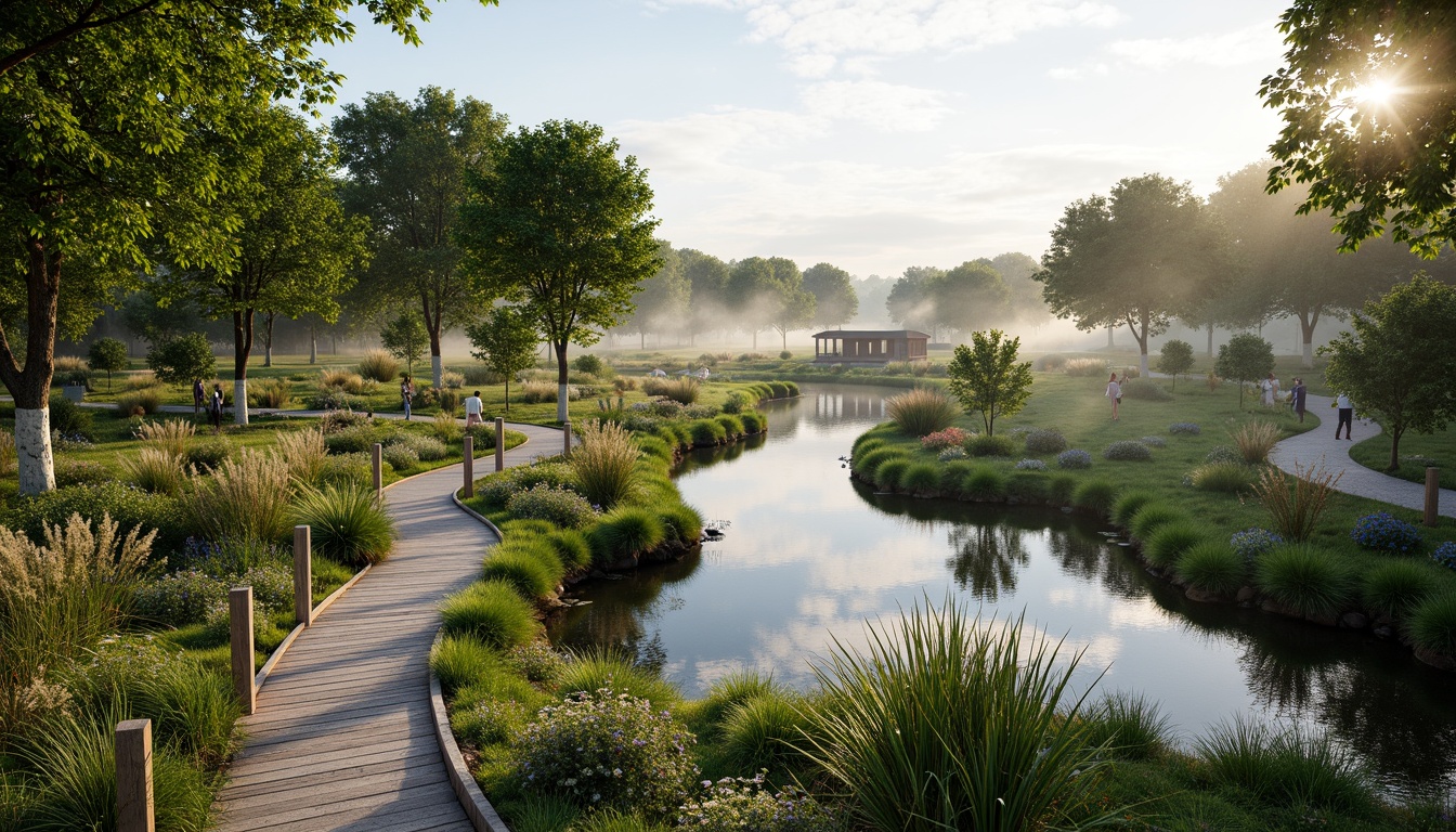 Prompt: Serene wetland landscape, lush vegetation, tranquil water bodies, winding streams, natural stone pathways, wooden boardwalks, observation decks, bird-watching stations, educational signs, native plant species, vibrant wildflowers, soft misty atmosphere, warm sunlight filtering through trees, shallow depth of field, 3/4 composition, panoramic view, realistic textures, ambient occlusion.