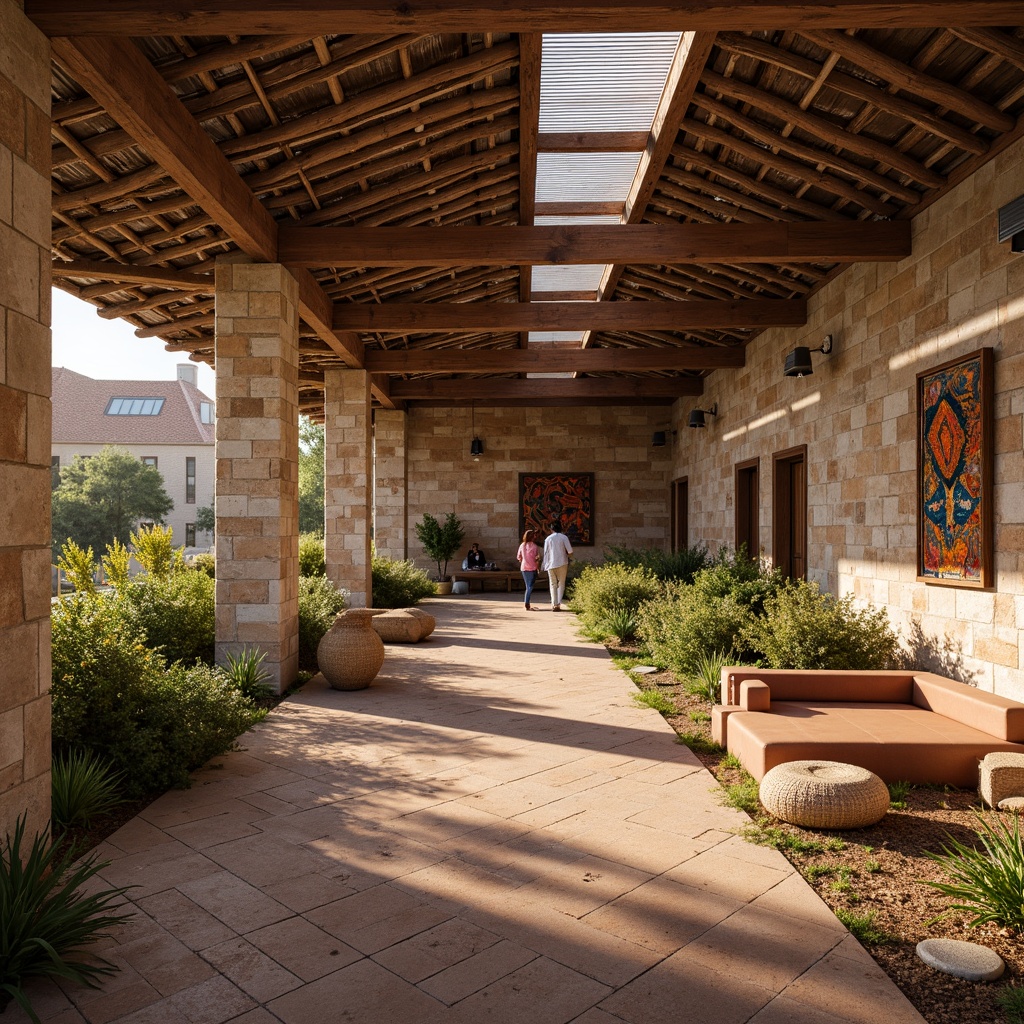 Prompt: Earthy community center, natural stone walls, wooden accents, rustic metal roofs, clay tile flooring, reclaimed wood furniture, woven bamboo textiles, earthy color palette, organic forms, curved lines, regional cultural patterns, vibrant local artwork, warm ambient lighting, soft shadows, 1/1 composition, realistic textures, subtle depth of field.