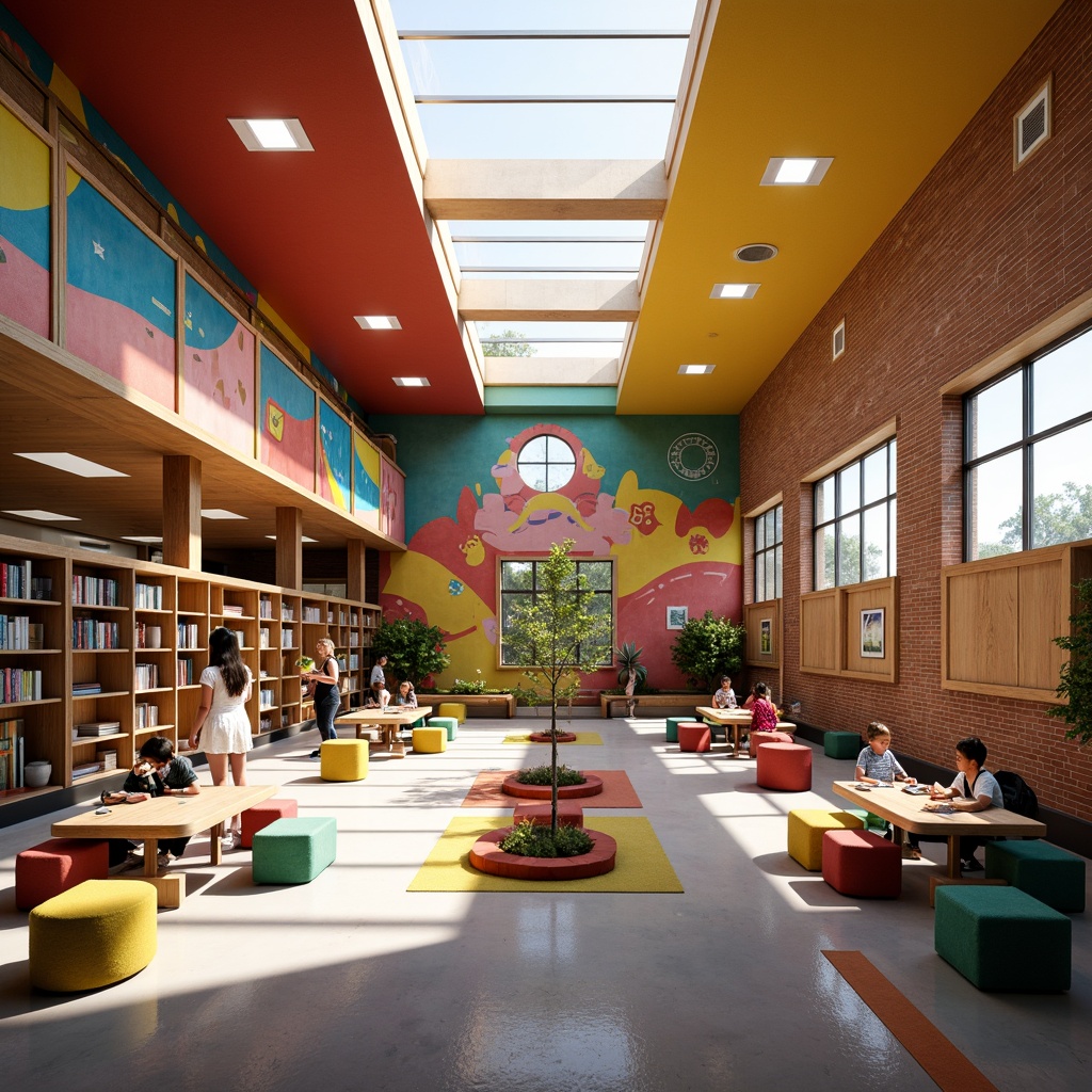 Prompt: Vibrant school interior, expressionist architecture, bold color schemes, irregular shapes, dynamic lighting, natural light integration, clerestory windows, skylights, open classrooms, collaborative learning spaces, wooden accents, exposed brick walls, eclectic furniture, artistic murals, playful patterns, whimsical textures, warm atmosphere, soft shadows, 1/1 composition, shallow depth of field, realistic rendering.