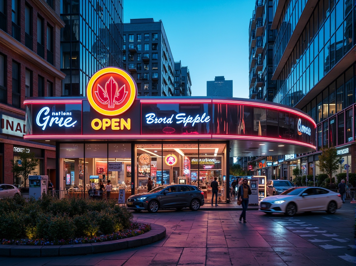 Prompt: Vibrant gas station, neon signage, bold typography, metallic accents, glossy finishes, retro-futuristic architecture, curved lines, dynamic shapes, electric blue hues, bright yellow highlights, deep red tones, sleek chrome details, modern LED lighting, urban cityscape, busy streets, morning sunlight, shallow depth of field, 1/1 composition, realistic reflections, ambient occlusion.