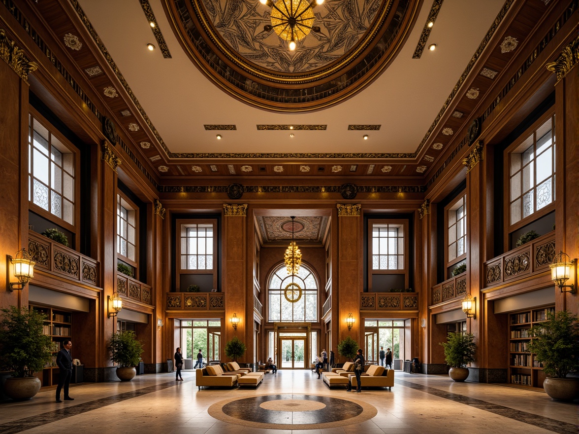 Prompt: Grand library facade, ornate Art Deco details, geometric patterns, metallic accents, grand entrance, symmetrical composition, vertical lines, luxurious materials, marble columns, bronze doors, stained glass windows, intricate moldings, ornamental railings, lavish chandeliers, warm golden lighting, shallow depth of field, 1/2 composition, realistic textures, ambient occlusion.