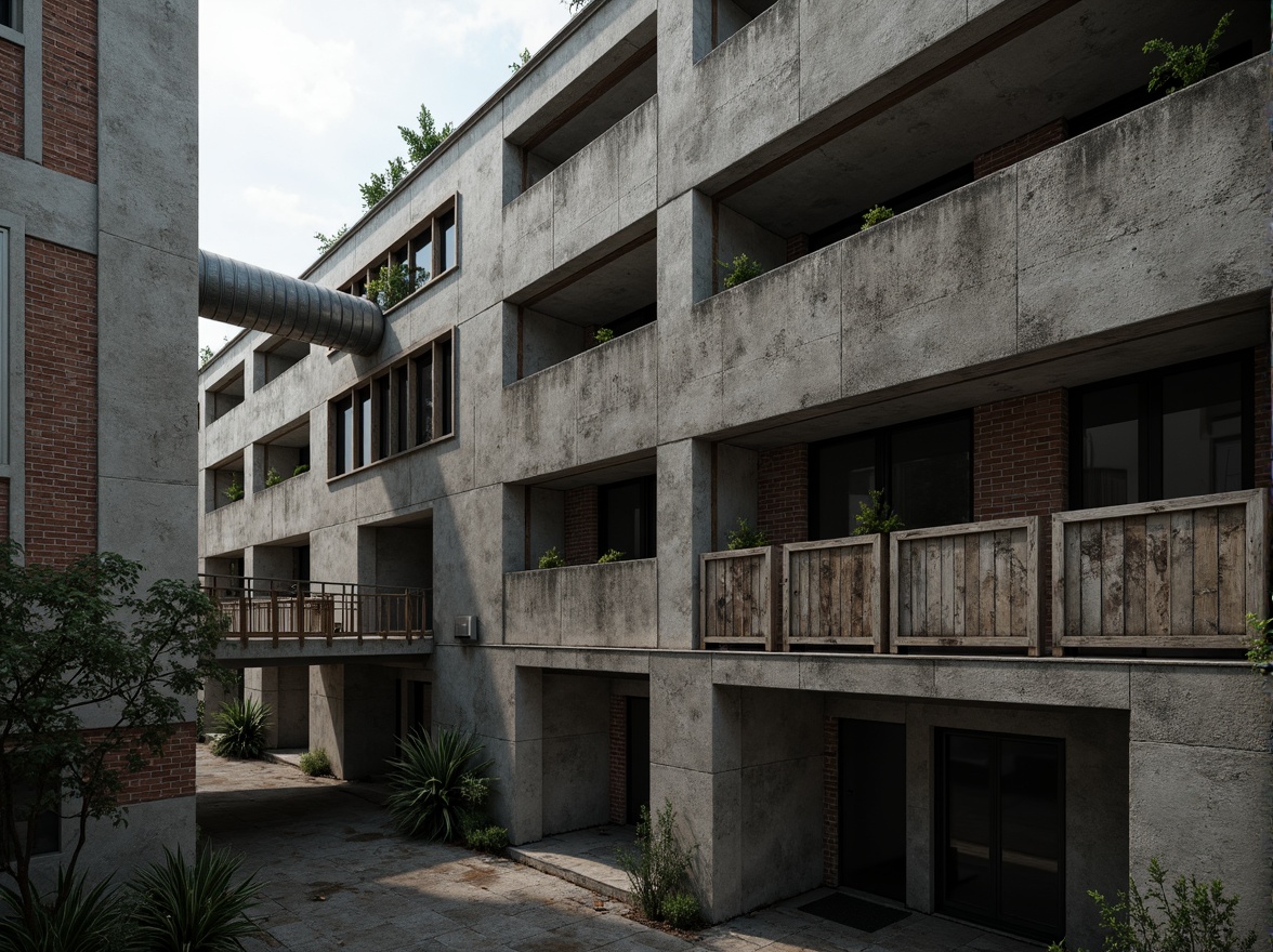 Prompt: Rough concrete walls, exposed ductwork, industrial metal beams, raw brick facades, weathered stone surfaces, distressed wood accents, brutalist monumentality, fortress-like structures, urban cityscape, overcast skies, dramatic shadows, high-contrast lighting, cinematic composition, gritty realistic textures, ambient occlusion.