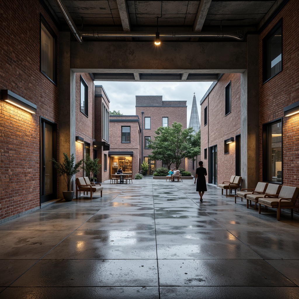 Prompt: Industrial chic buildings, exposed brick walls, steel beams, polished concrete floors, minimalist decor, functional simplicity, rectangular forms, clean lines, monochromatic color schemes, industrial lighting fixtures, reclaimed wood accents, metallic surfaces, geometric patterns, brutalist elements, urban landscapes, overcast skies, dramatic shadows, high-contrast lighting, 1/1 composition, symmetrical framing, realistic textures, ambient occlusion.